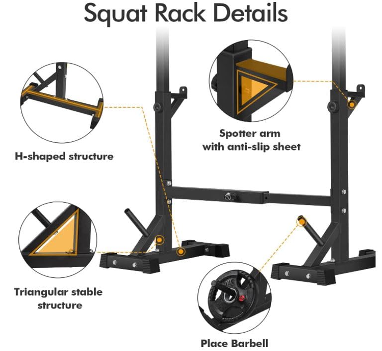ATOMSPORT Adjustable Squat Rack Stand - 2-Piece Heavy Duty Barbell Rack for Strength Training, Bench Press & Home Gym Workouts (500Lbs Capacity) - Perfect for CrossFit, Powerlifting & Home Fitness Training