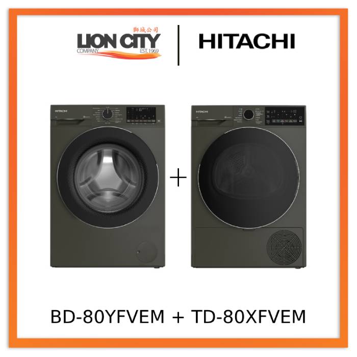 Hitachi BD 80YFVEM Front Load Washer with Steam & Hygiene Easy Iron Inverter + TD 80XFVEM Tumble Dryer Set - Perfect for Large Families & Modern Laundry Rooms
