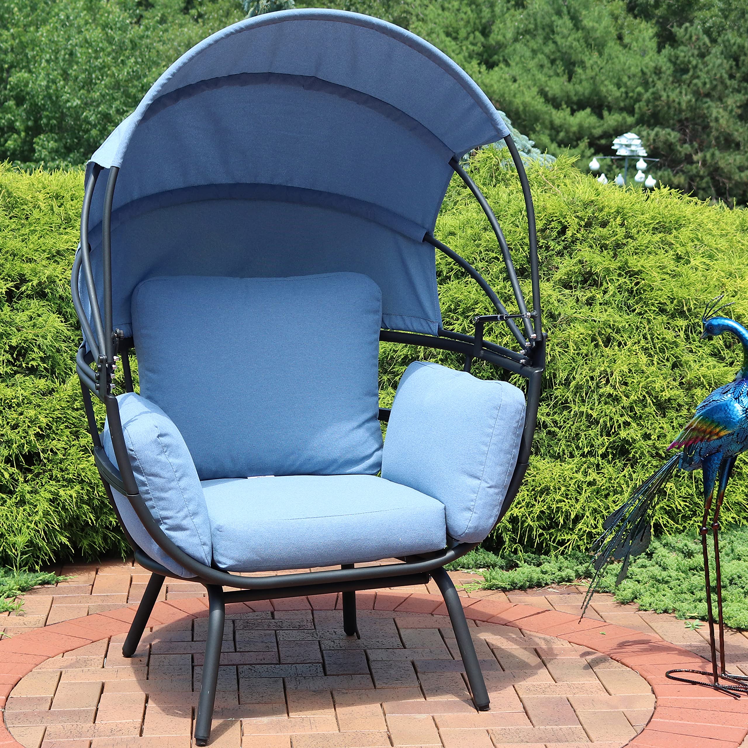 Sunnydaze Modern Luxury Egg Chair - Powder-Coated Aluminum Frame with Weather-Resistant Polyester Cushion & Adjustable Canopy - Blue Outdoor Hanging Chair for Patio, Garden, Poolside Relaxation