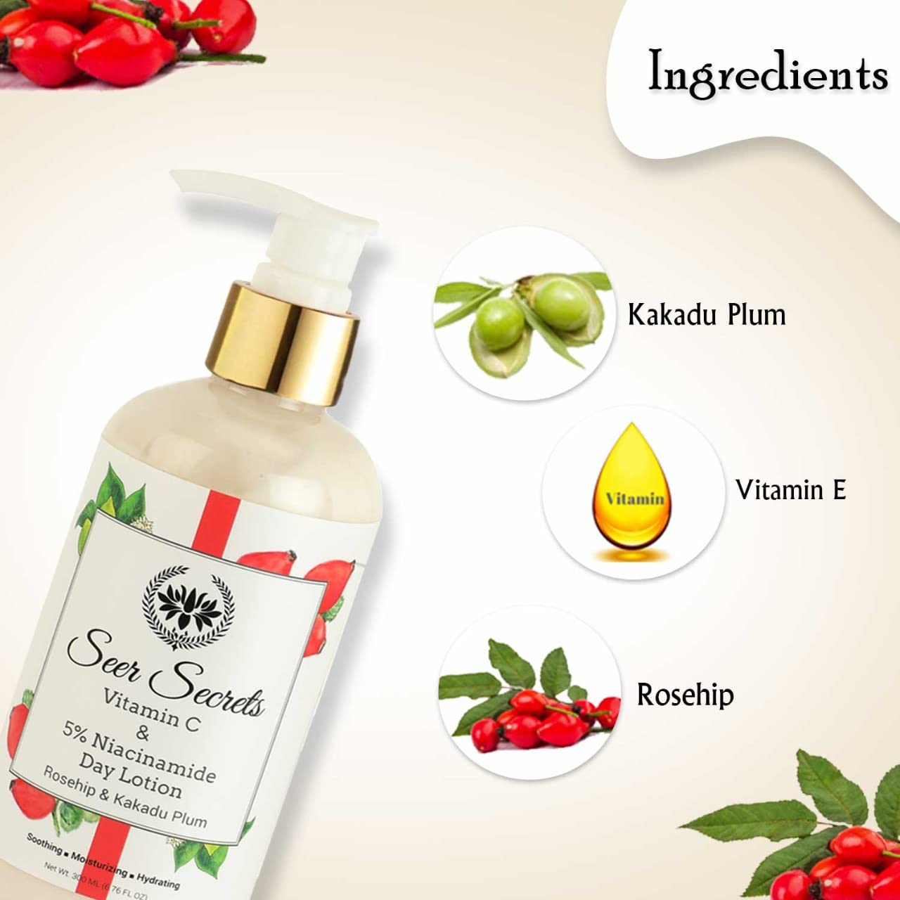 Seer Secrets Body Lotion for Smoothing & Moisturizing - 300ML Natural Rosehip & Kakadu Plum Skin Care for Women | Daily Hydration for Dry Skin, Post-Shave Soothing, and Nighttime Nourishment