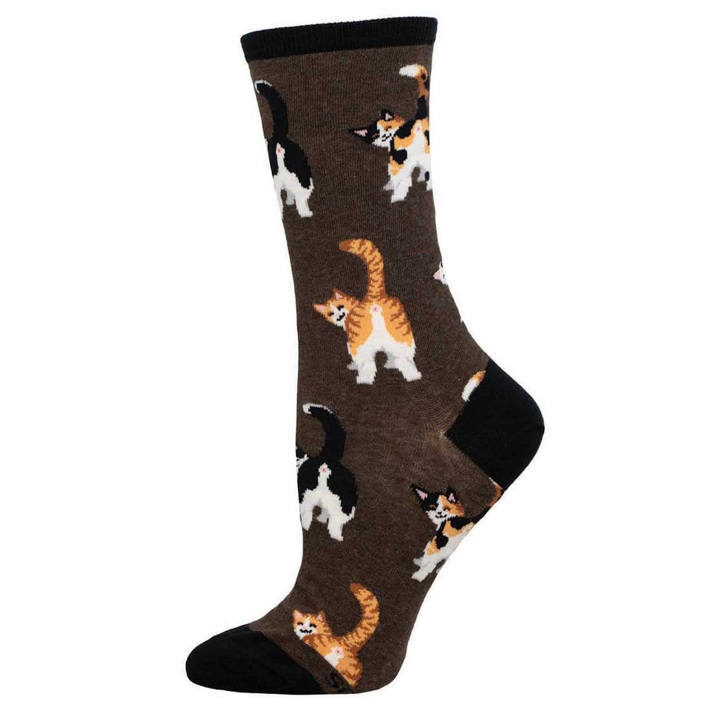Women's Cat Butts Crew Socks - Brown Heather Funny Novelty Socks | Perfect Gift for Cat Lovers, Office Wear & Casual Outfits