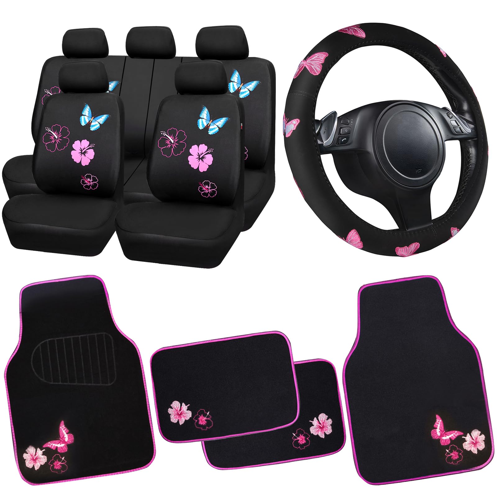 CAR PASS® Universal Cloth Butterfly Car Seat Covers Full Set - Embroidered Flower Waterproof Car Floor Mats & Steering Wheel Cover - Black and Pink Interior Accessories for Cars, SUVs, Trucks | Perfect for Daily Commute, Road Trips & Protecting Your Vehicle's Interior