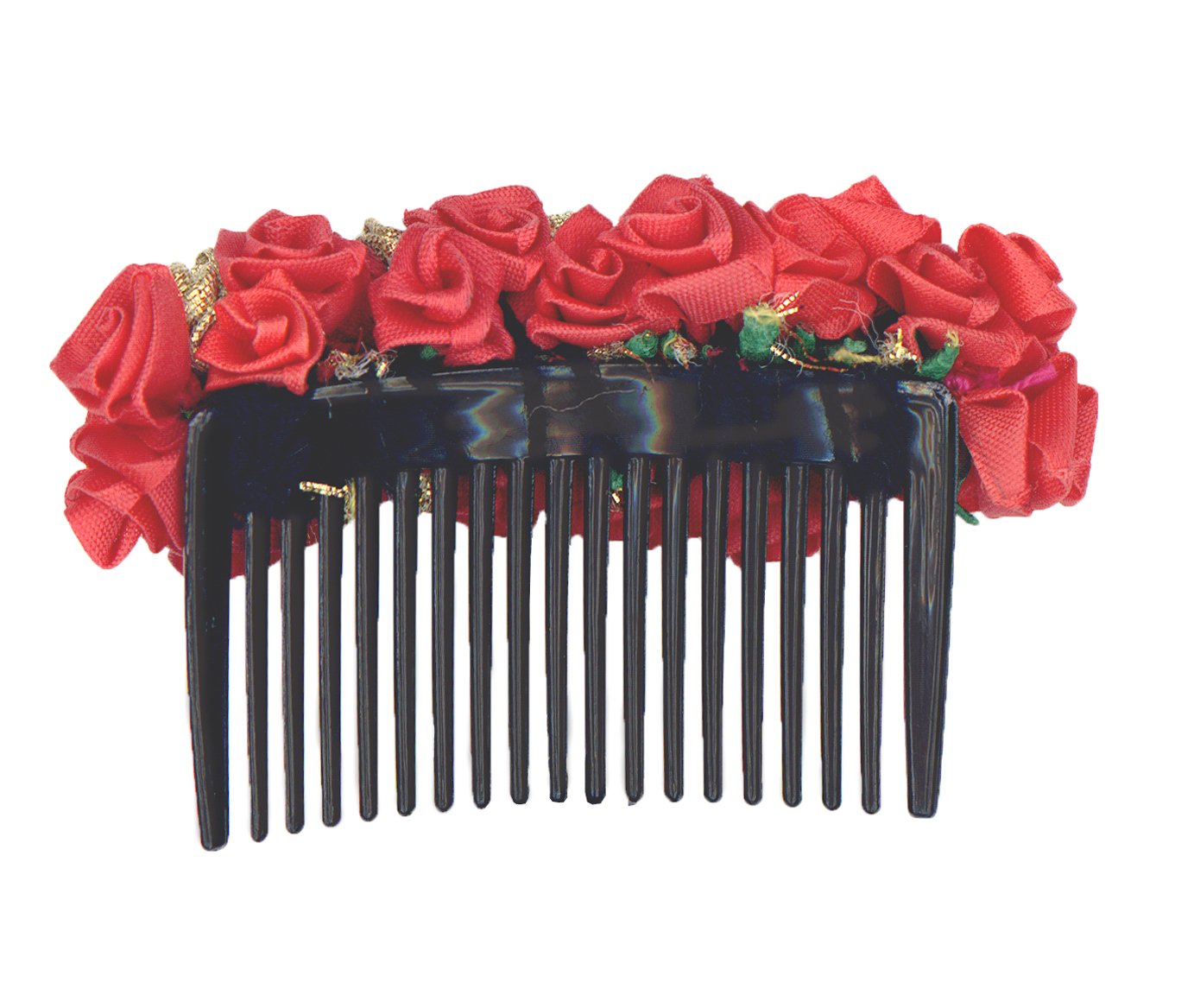 Elegant Red and Gold Rose Hair Comb - Traditional Gajra Style Bridal Hair Accessory for Weddings, Parties & Special Occasions