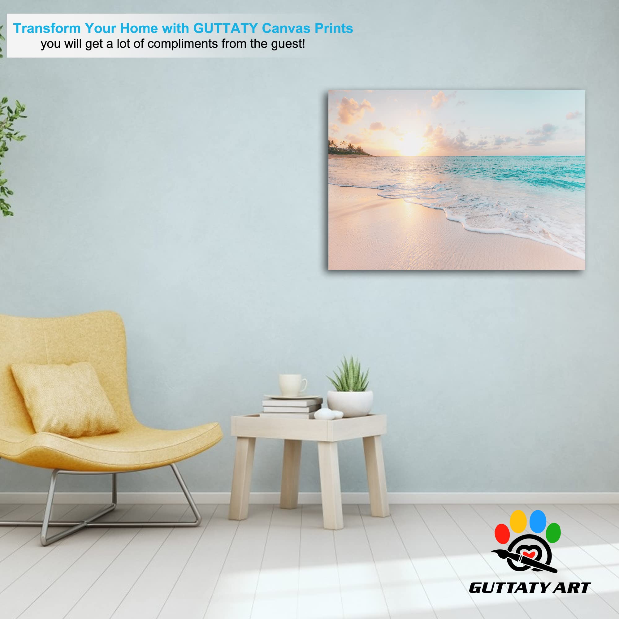 GUTTATY Large Sunrise and Beach Canvas Wall Art - Ocean Coastal Painting for Living Room Decor - Framed Seascape Canvas Print (28x40 Inches) - Perfect for Beach House, Bedroom, or Office Wall Decoration