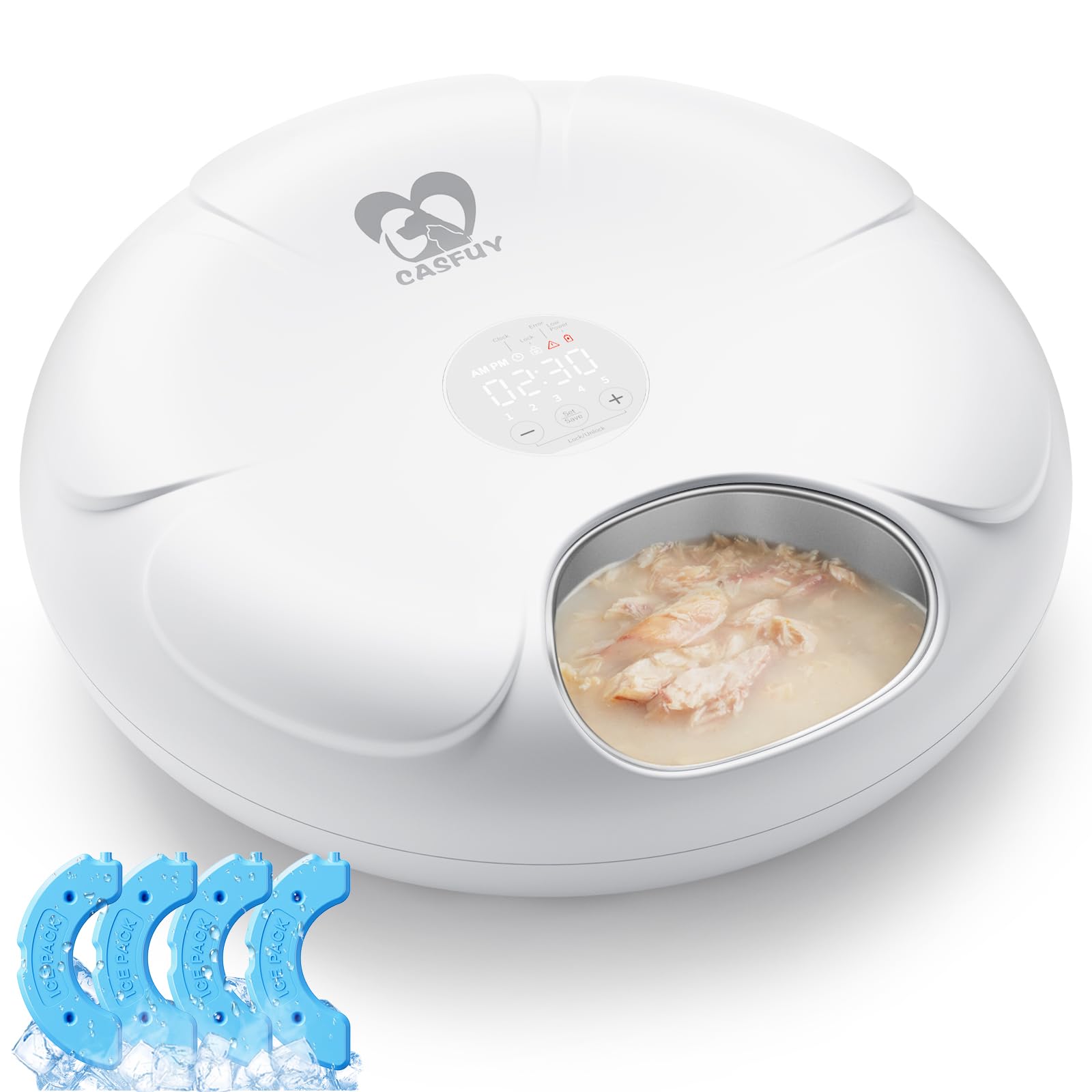 Casfuy Automatic Cat Feeder Cordless - Rechargeable Programmable Pet Food Dispenser with Stainless Steel Tray for Cats & Small Dogs | Wet/Dry Food Timer Feeder with Low Battery Alert | Perfect for Home, Office & Travel Use