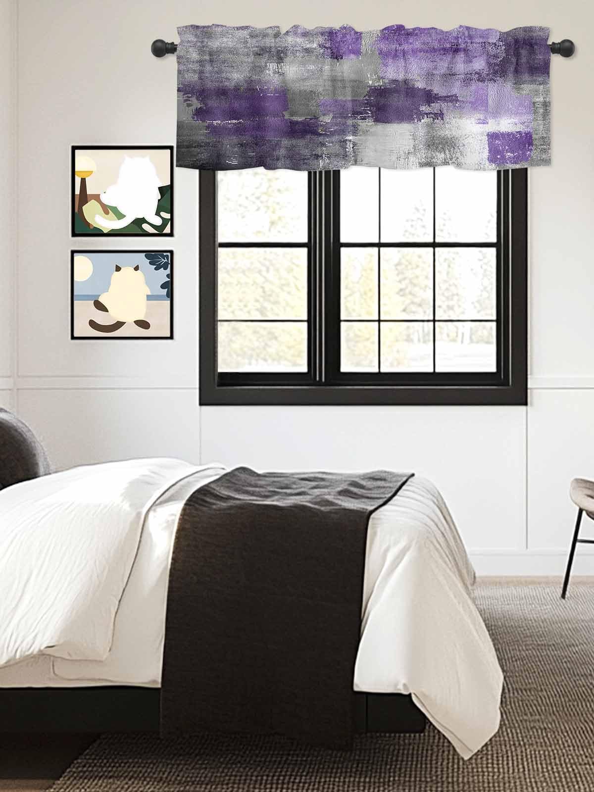 Abstract Geometric Window Valance - 54 x 18 Inch Rod Pocket Curtain Topper in Purple, Gray & White | Modern Art Drapes for Kitchen, Cafe & Living Room Decor | Perfect for Home, Office & Restaurant Window Treatments