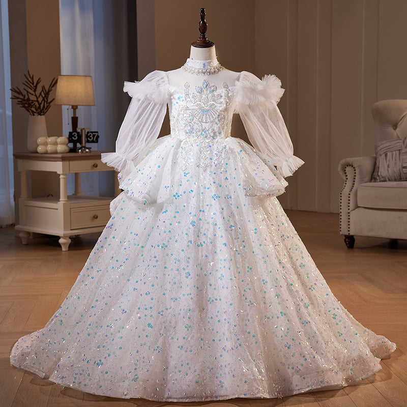 Sparkly White Sequin Flower Girl Dress with Long Puff Sleeves - Elegant A-Line Princess Gown for Weddings, Pageants & Special Occasions