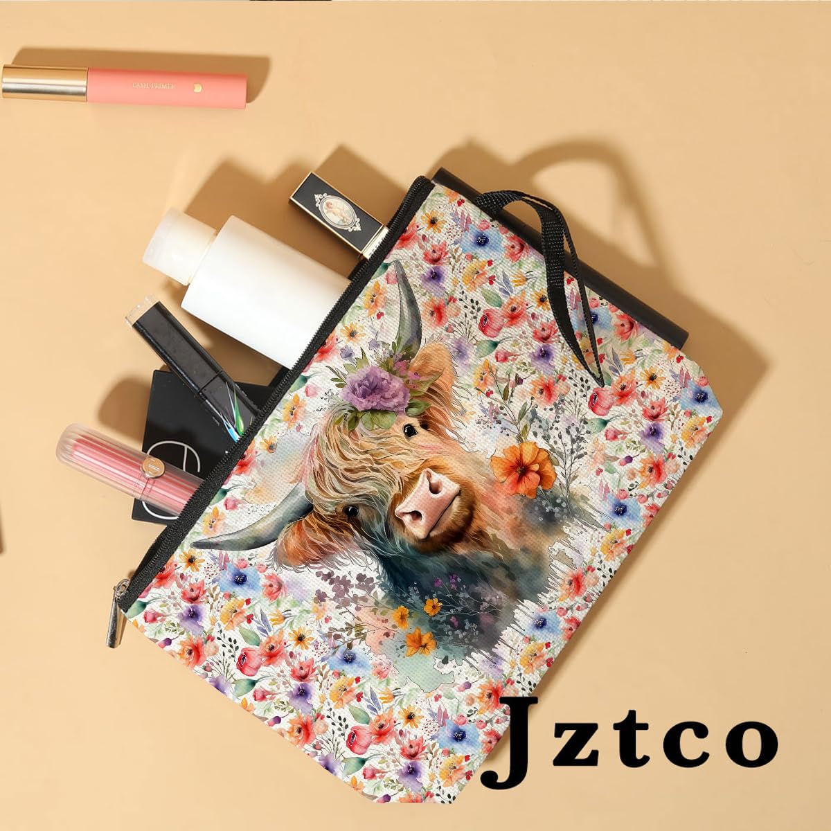 Western Themed Cosmetic Bag - Highland Cow Print Floral Makeup Pouch for Women | Cowgirl Country Western Gift for Friend, Daughter, Cow Lovers | Toiletry Bag for Travel, Graduation, Mother's Day & Birthday Presents | Perfect for Country Concerts, Rodeos & Cowgirl Themed Parties