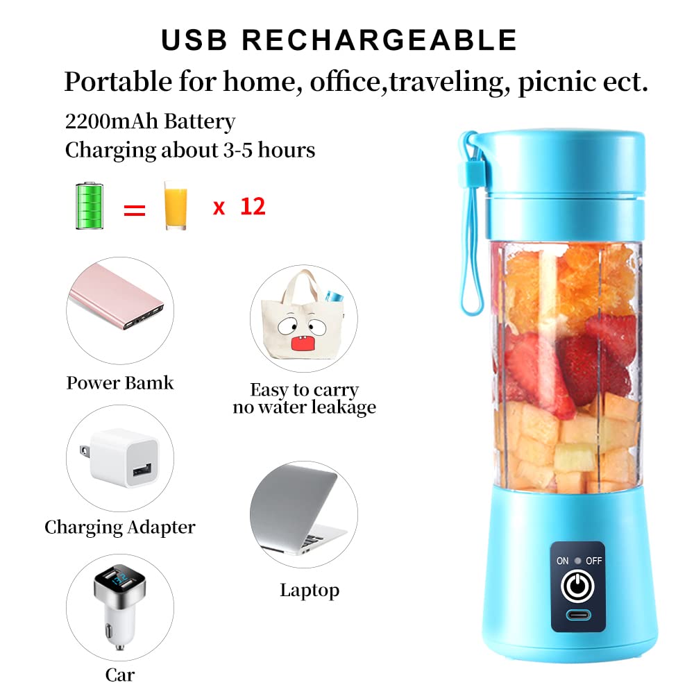 Portable USB Electric Blender Cup - 380ml Mini Blender for Smoothies, Juices & Shakes with 6 Blades | Perfect for Gym, Travel & Office (Blue)