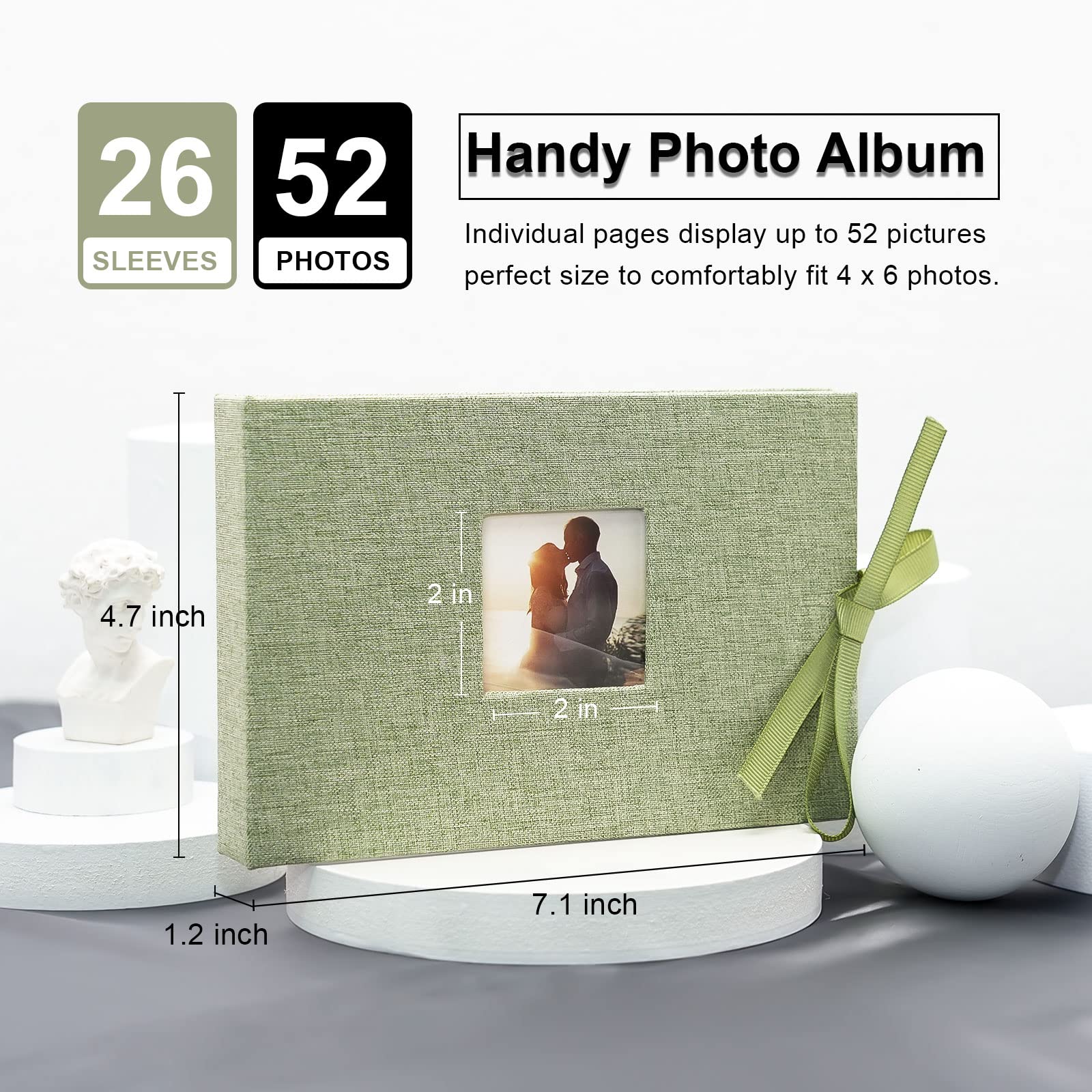 Vienrose 4x6 Small Photo Album - Mini Picture Book with 26 Clear Pockets (Holds 52 Photos) - Linen Fabric Cover Scrapbook for Postcards & Polaroids - Green - Perfect for Weddings, Baby Photos & Travel Memories - 1 Pack