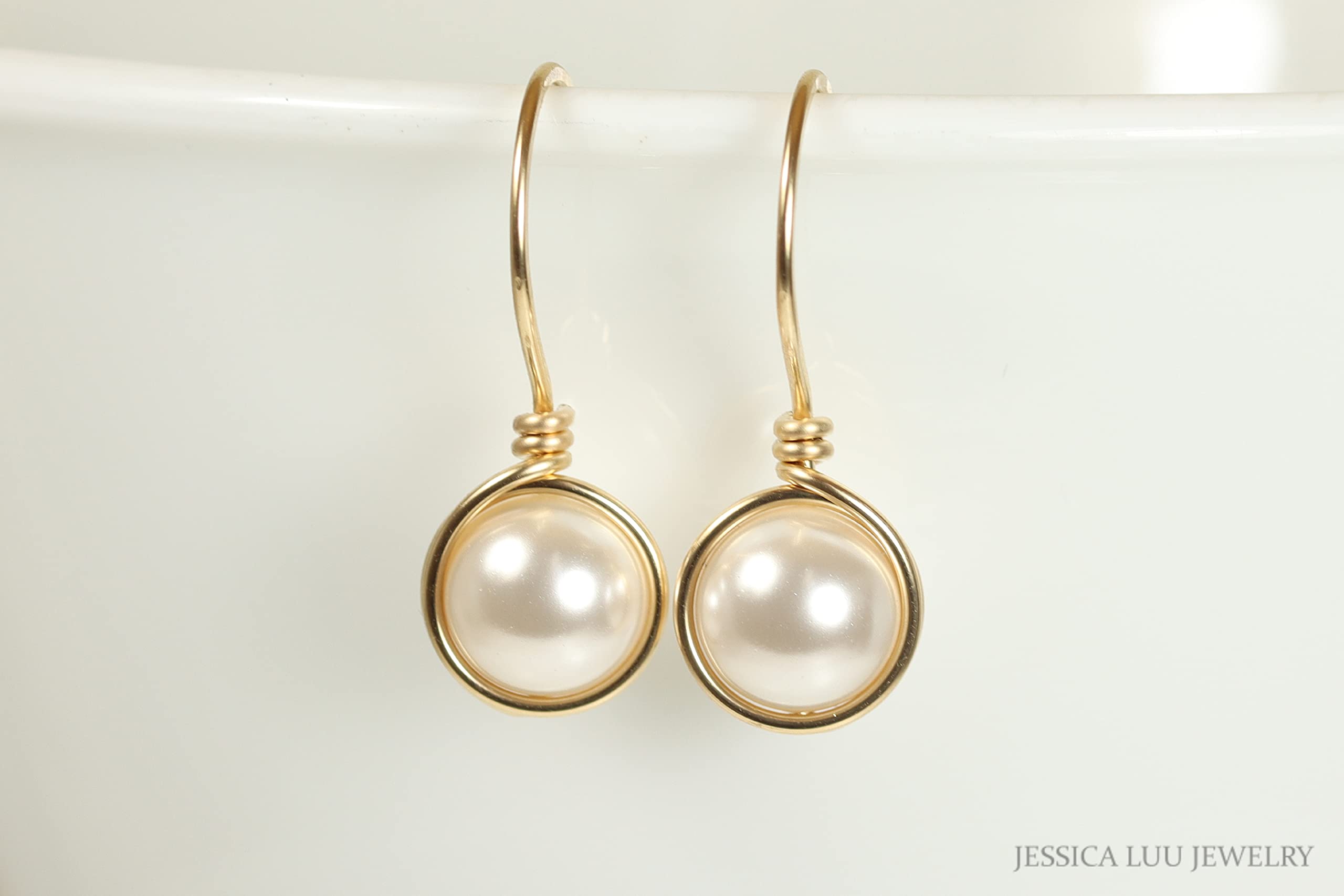 Handmade Gold White Pearl Drop Earrings - Wire Wrapped Dangle Earrings for Women, Elegant Gift for Wedding, Party & Special Occasions
