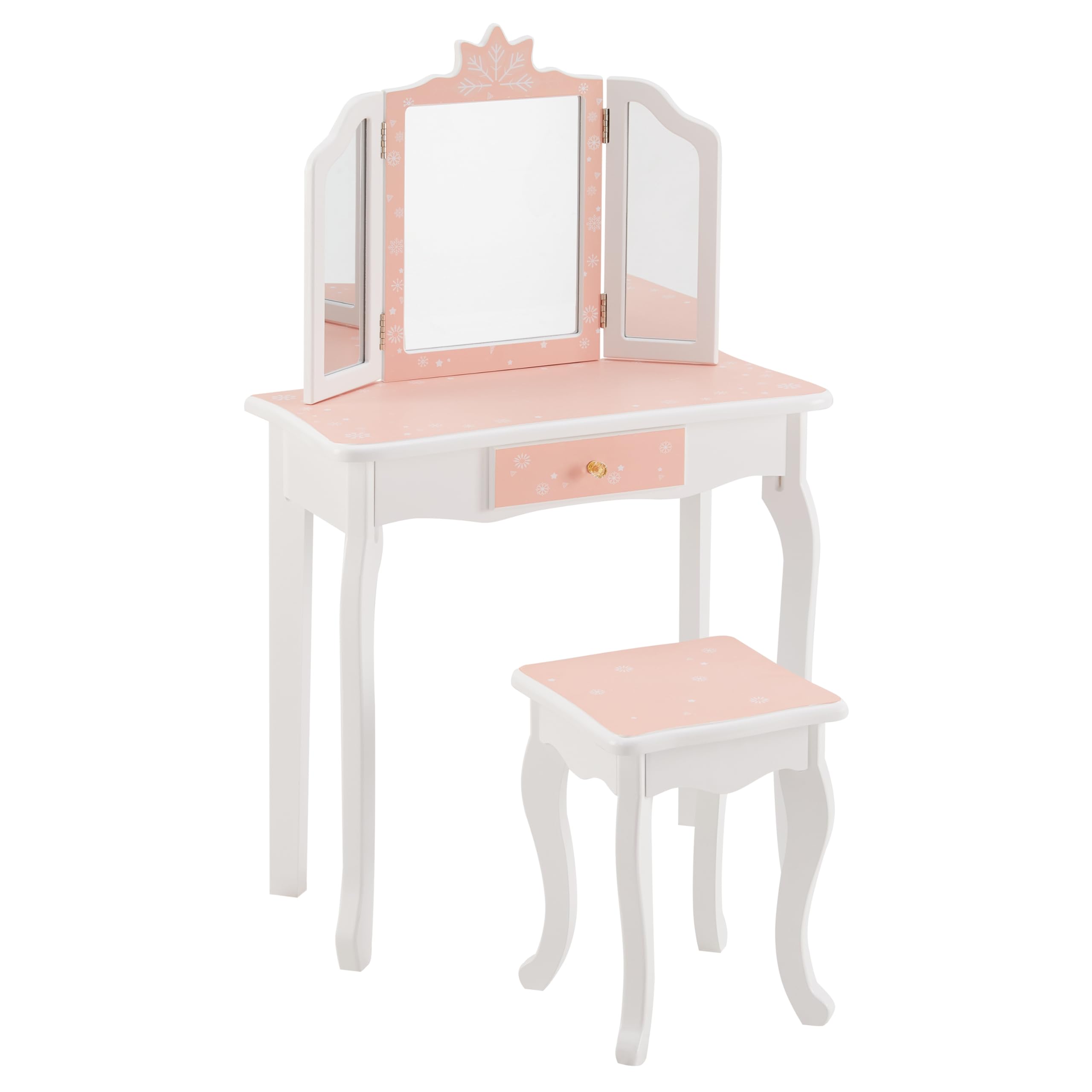 **Pink Kids Vanity Table & Stool Set for Girls Ages 3-8 - 2-in-1 Princess Makeup Dressing Table & Writing Desk with Detachable Tri-Folding Mirror & Drawer - Perfect for Playroom, Bedroom & Birthday Gifts**
