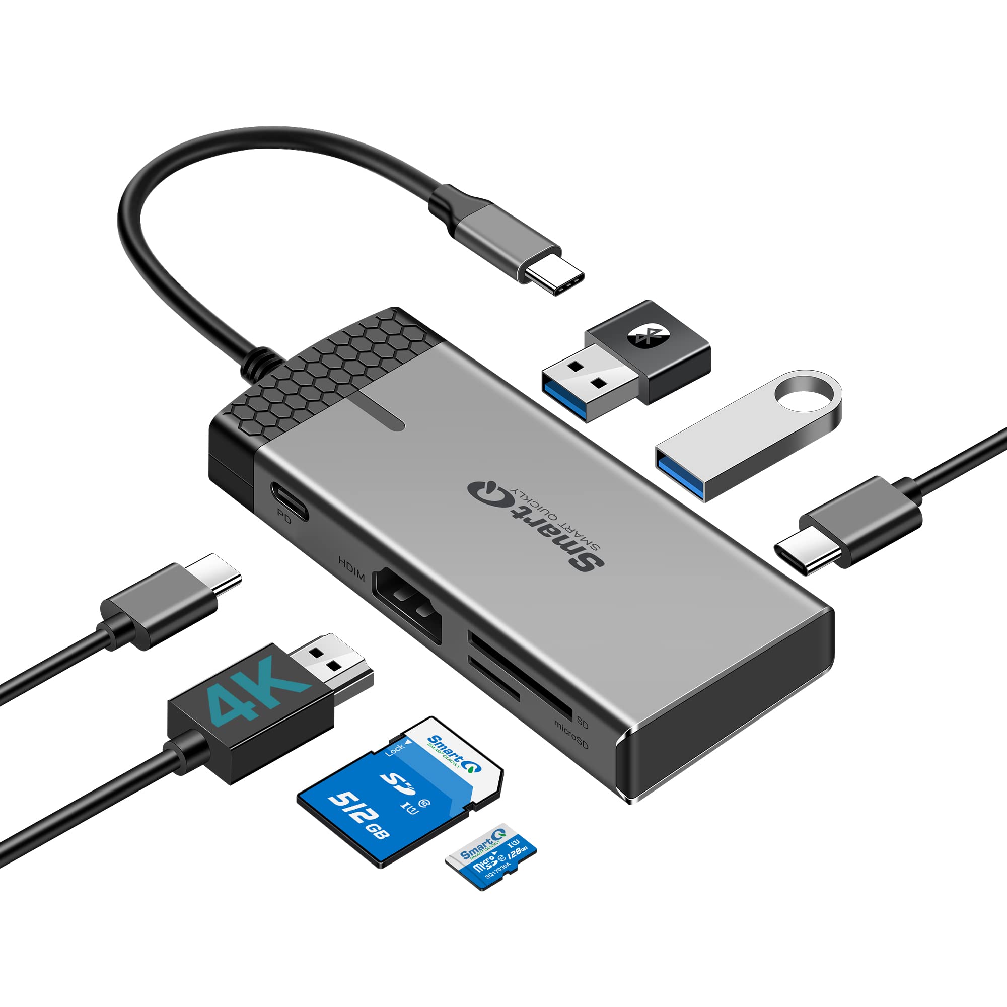 SmartQ H352 7-in-1 USB C Hub with 4K HDMI, 100W Power Delivery, USB-C Port, 2 USB-A 5Gbps, microSD/SD Card Reader - Compatible with MacBook Air/Pro, Dell XPS, Laptops, Tablets & Desktops - Perfect for Home Office, Remote Work & Multi-Screen Setup