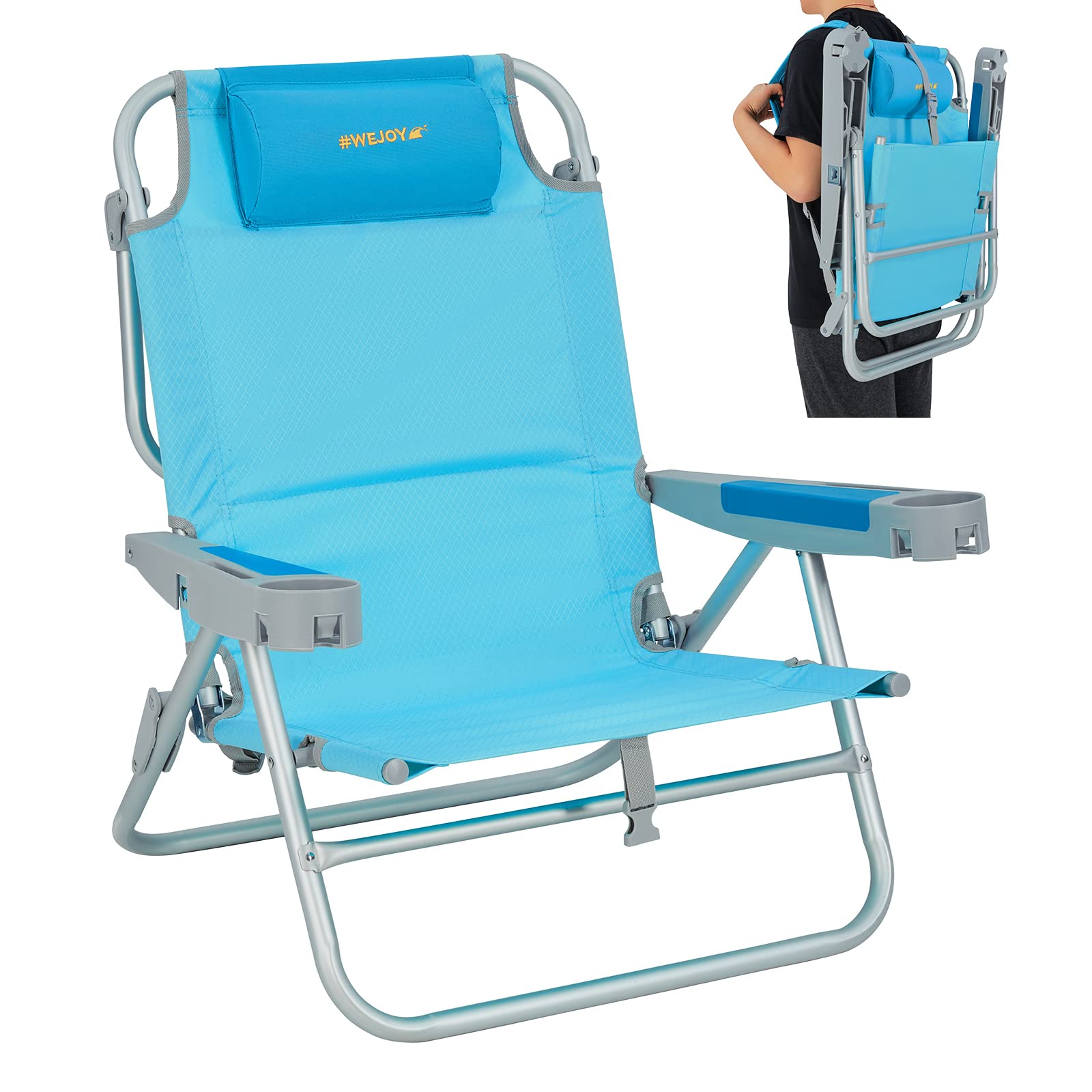 WEJOY Oversized Backpack Beach Chair - 5 Position Adjustable Folding Reclining Chair for Adults - Portable High Back Low Profile Chair with Backpack Straps, Cup Holder & Phone Pocket - Perfect for Beach, Camping, Picnics & Outdoor Events - Supports 300 lbs Weight Capacity
