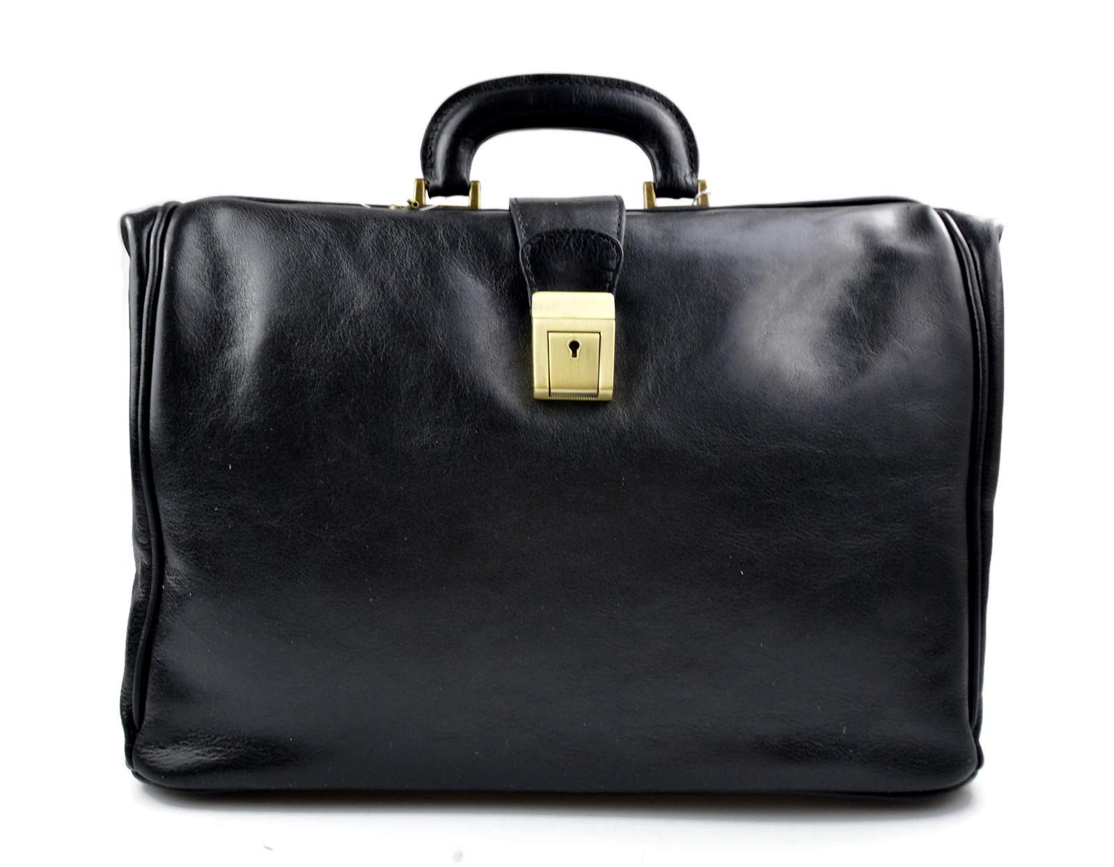 Premium Italian Leather Doctor Bag - Vintage Black Leather Handheld Briefcase for Women & Men - Luxury Travel Weekender Bag for Business, Office & Weekend Getaways