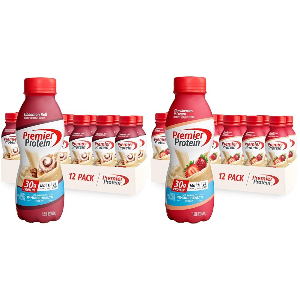 Premier Protein Shake - 30g High Protein, 24 Vitamins & Minerals, Cinnamon Roll & Strawberries Flavor, 11.5 oz (Pack of 24) - Ideal for Post-Workout Recovery, Meal Replacement & On-the-Go Nutrition