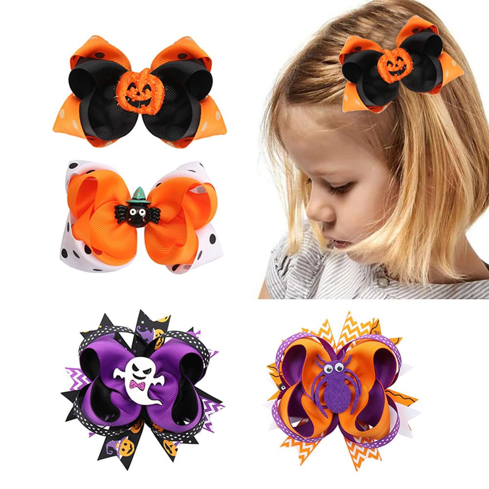 JIAHANG Halloween Hair Bows for Baby Girls - 4Pcs Pumpkin Ghost Hair Clips with Alligator Clips, Cute Hair Accessories for Infants Toddlers & Teens | Perfect for Halloween Costumes, Dress Up Parties & Photo Shoots