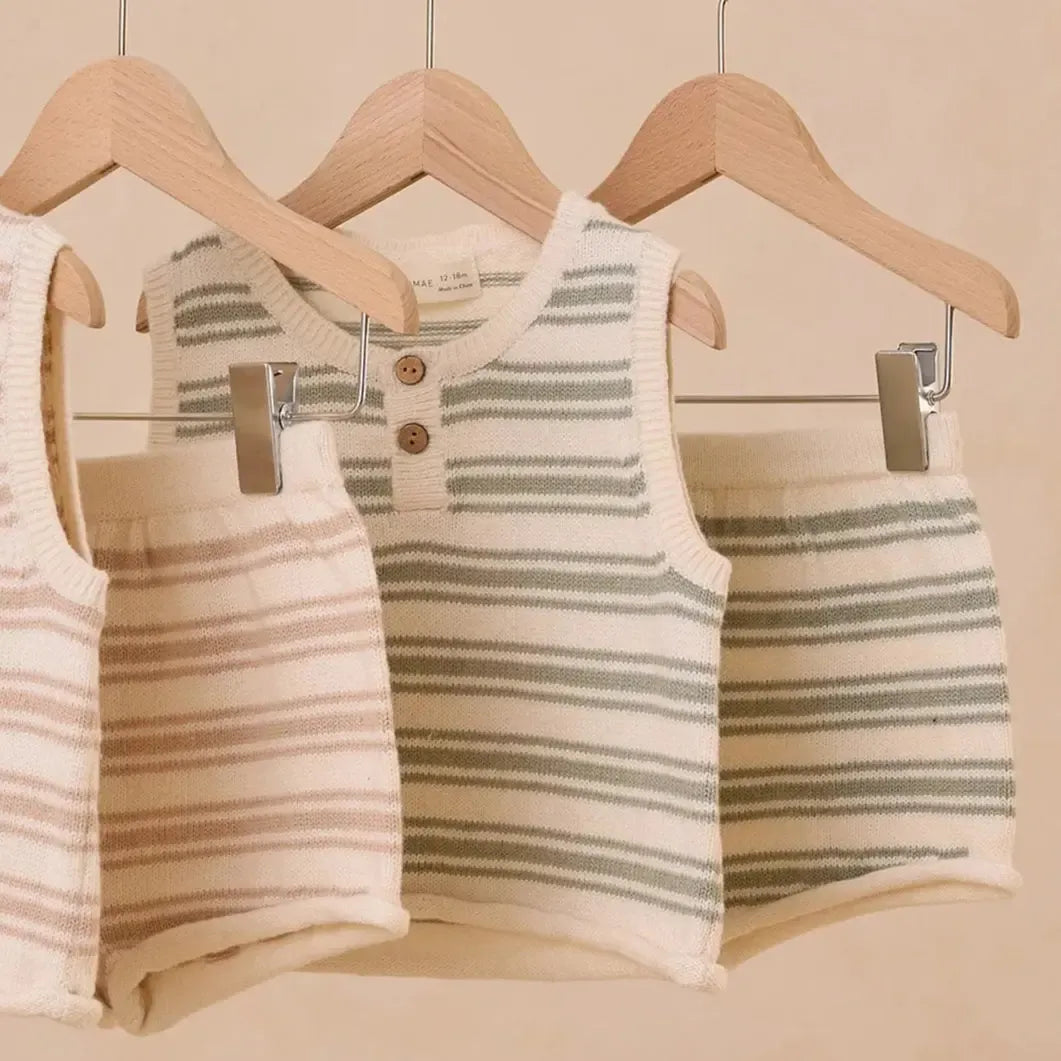 Quincy Mae Organic Cotton Knit Tank Top & Shorts Set - Sage Stripe Baby Outfit for Girls | Soft Comfy Lounge Wear, Playtime & Photo Shoot Outfits
