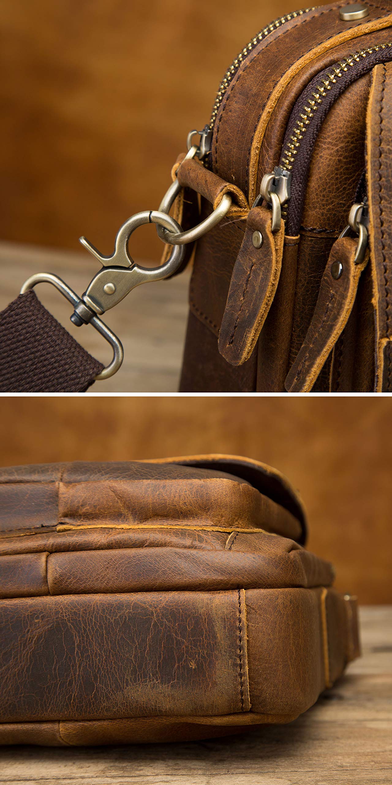**Men's Genuine Crazy Horse Leather Crossbody Messenger Bag - Durable Shoulder Satchel for 8