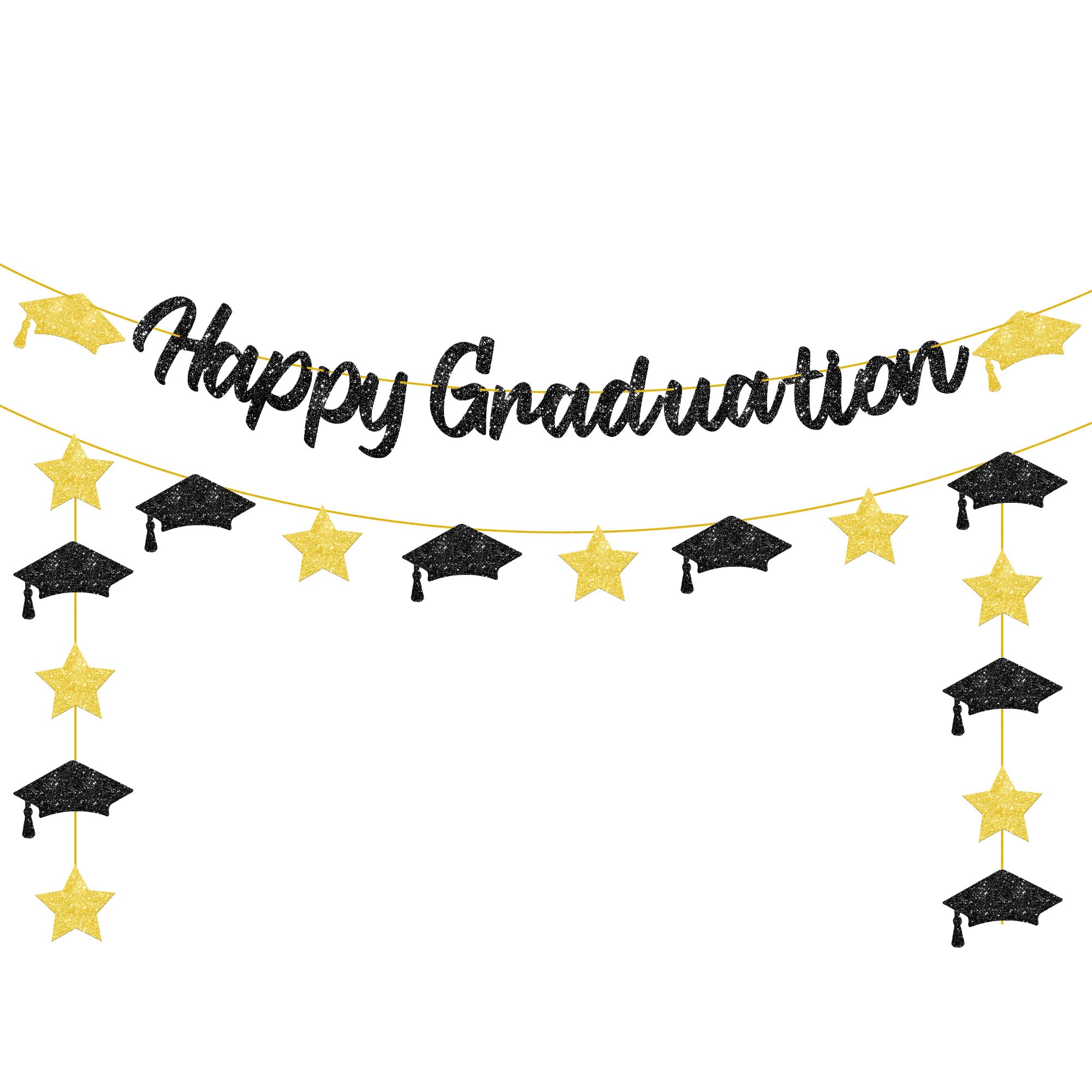 KatchOn 6.5ft Black & Gold Graduation Banner 2025 with Cap Garland - Ready to Use Graduation Party Decor for Class of 2025 - Perfect for High School & College Graduation Ceremonies, Photo Backdrops & Home Decor