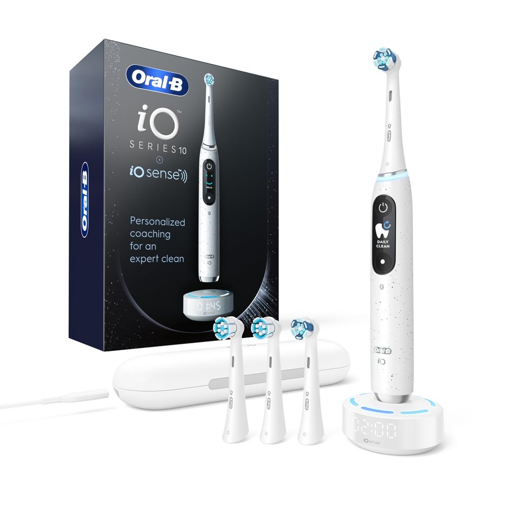 Oral-B iO Series 10 Rechargeable Electric Toothbrush with Pressure Sensor, 2-Minute Timer & 7 Cleaning Modes - Includes 4 Brush Heads & Travel Case - Perfect for Travel, Home & Sensitive Teeth Care (White)