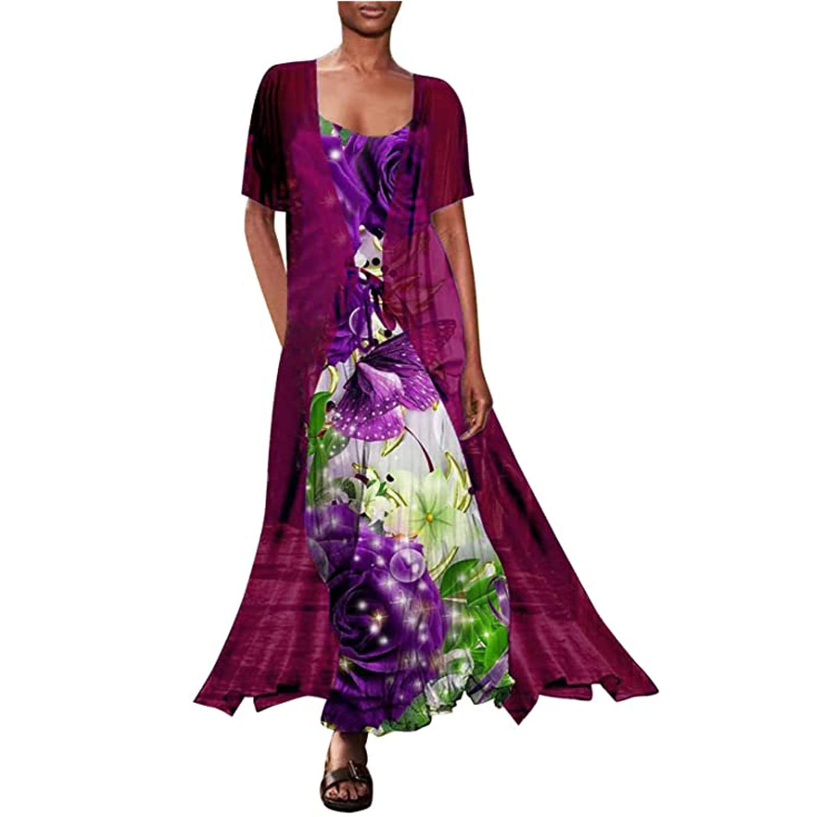 Women's Two Piece Summer Outfits - Floral Maxi Dress & Casual Sleeveless Sundress for Wedding Guest, Beach Vacation, Plus Size