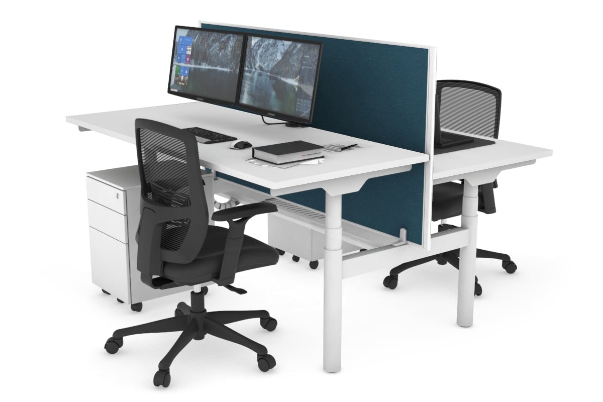 Flexi Premium Height Adjustable 2-Person H Bench Workstation - White Frame [1400L x 700W] for Office & Home Workspace | Ergonomic Standing Desk Solution