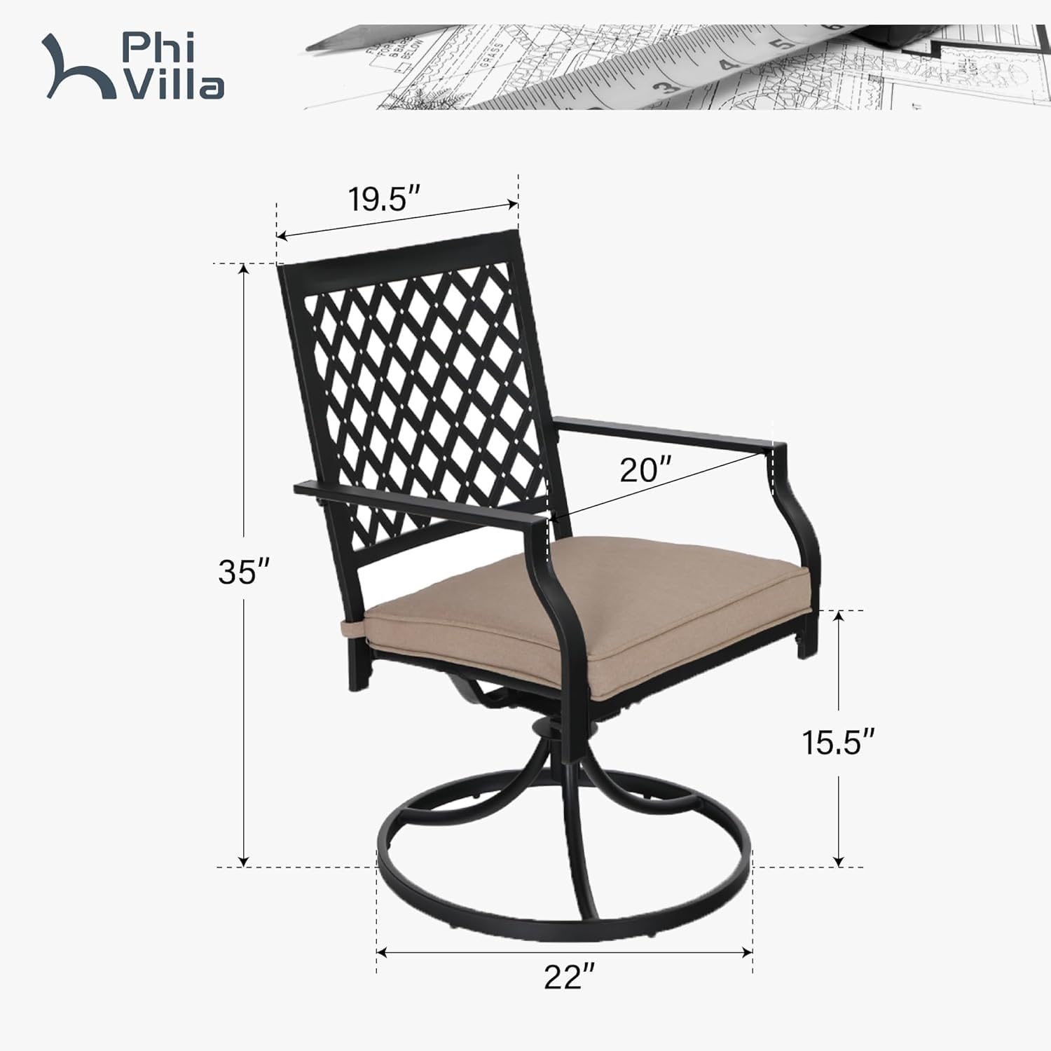 PHI VILLA 2-Piece Outdoor Swivel Dining Chairs Set - Black Metal Patio Furniture with Cushions for Garden, Backyard, Bistro & Poolside Relaxation | Weather-Resistant Small Grid Design