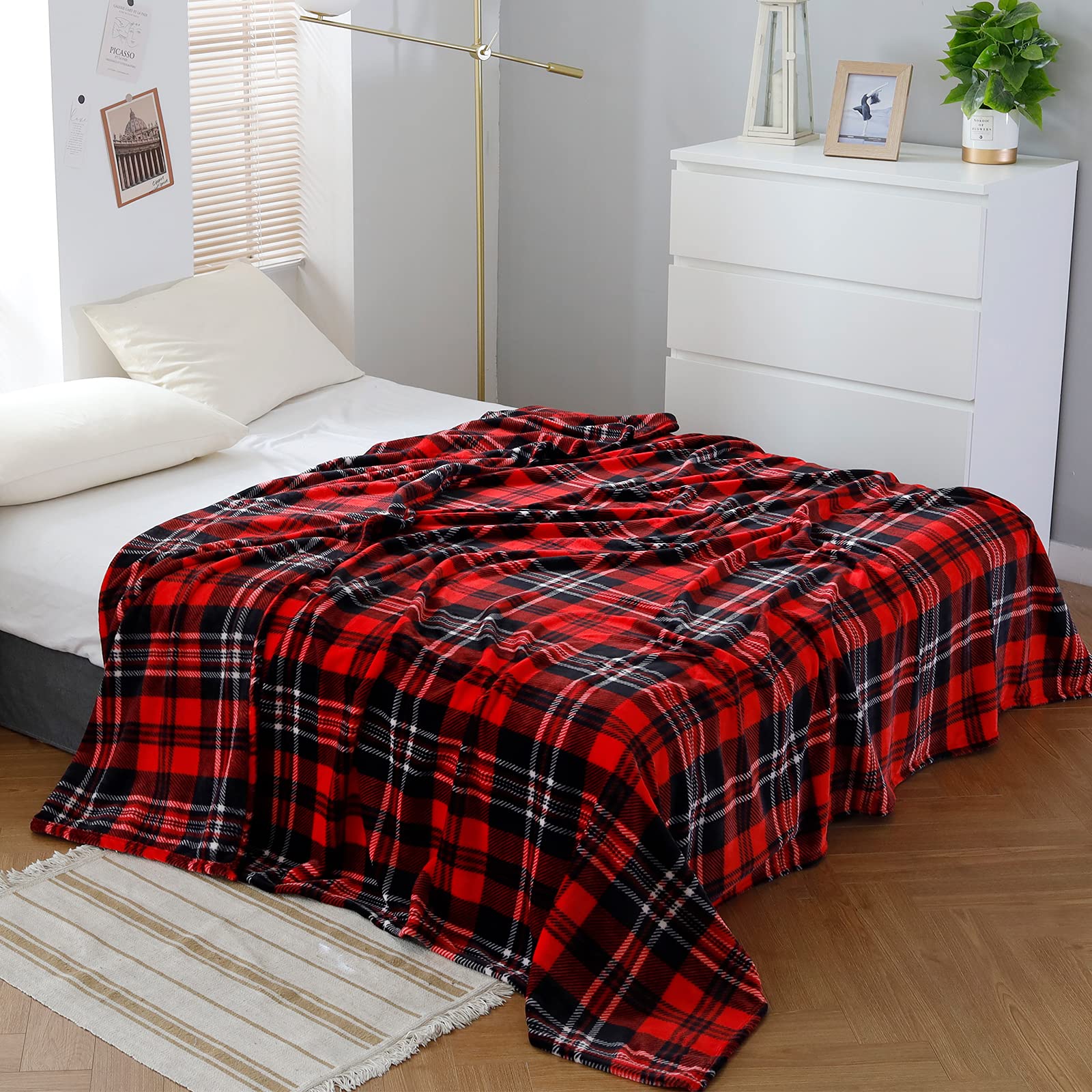SOCHOW 90x90 Inch Flannel Fleece Throw Blanket - Soft Plaid Red & Grey All-Season Blanket for Bed, Couch, Car - Perfect for Cozy Nights, Movie Time & Travel Comfort