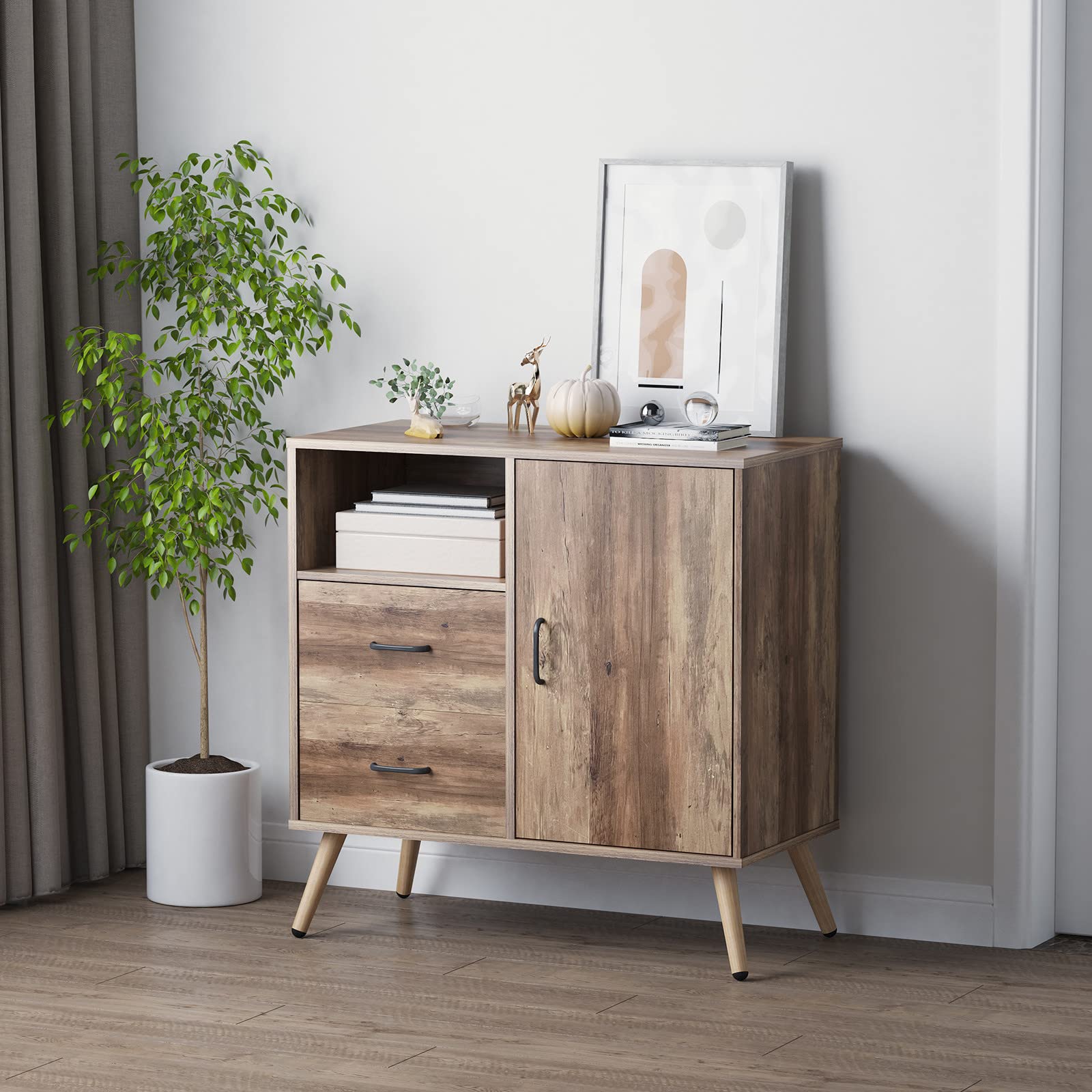 Rustic Storage Cabinet with 2 Drawers, Door & Shelf - Solid Wood Accent Furniture with Metal Base for Bedroom, Living Room, Entryway & Home Office | Perfect for Organizing Clothes, Books & Home Decor