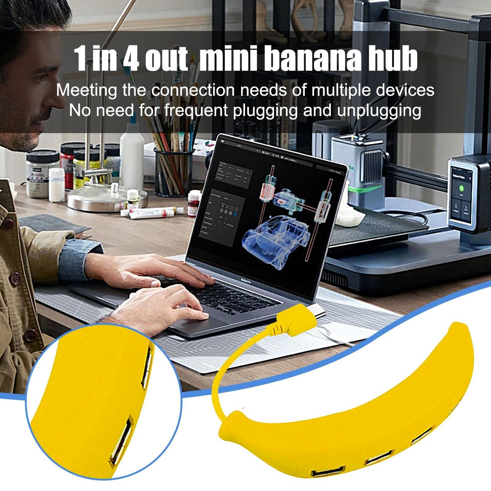 4-Port USB 2.0 Hub Splitter - Ultra Slim Banana-Shaped Multi-Port Adapter for PC, Laptop, MacBook | Expand USB Ports for Keyboard, Mouse, Flash Drive & Charging Devices
