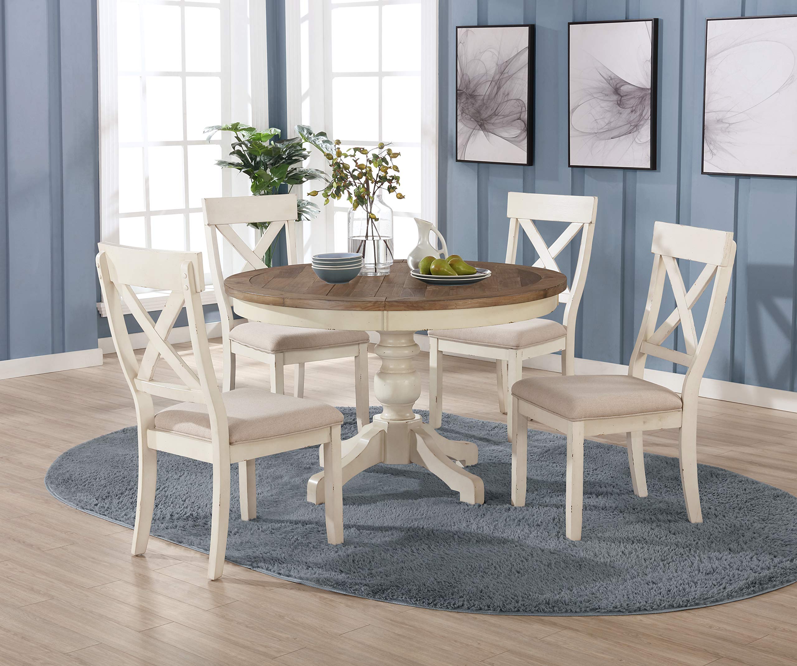 Roundhill Furniture Prato 5-Piece Round Dining Table Set with Cross Back Chairs, Antique White and Distressed Oak - Perfect for Kitchen, Dining Room, and Small Space Gatherings