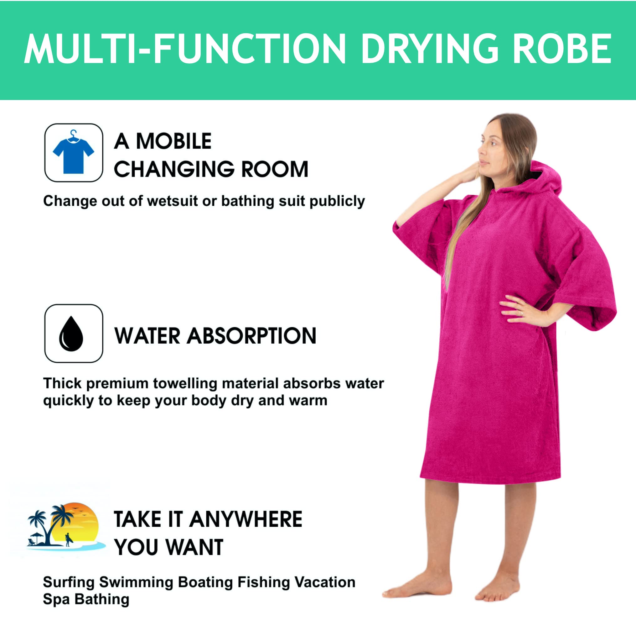 ALLEN & MATE Quick Dry 100% Terry Cotton Beach Poncho Towel with Hood & Pocket - Adult Changing Robe for Men & Women - Perfect for Swimming, Surfing, Beach, Pool & Outdoor Activities