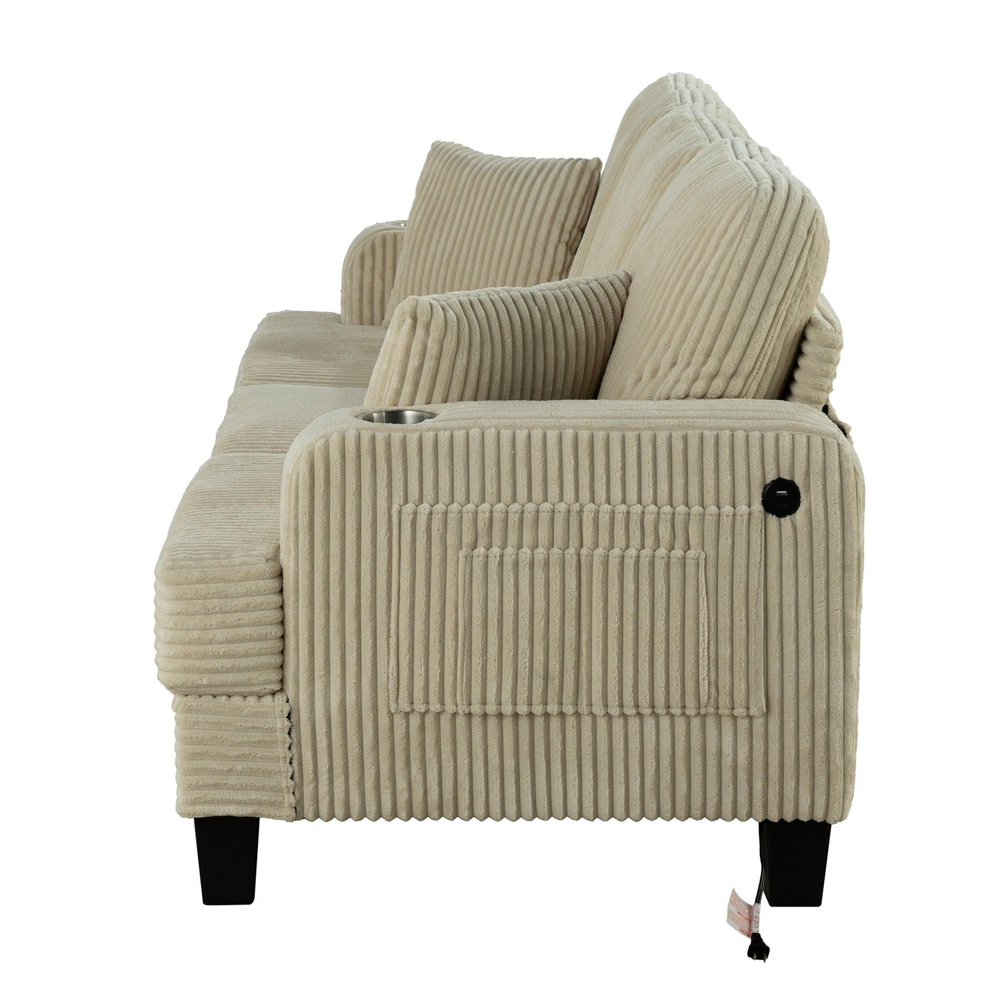 Beige 3-Piece Sectional Sofa Set with Storage Ottoman - 3-Seater Couch & Loveseat for Living Room, Includes USB Charging Ports, Side Pockets & Throw Pillows - Perfect for Family Gatherings, Movie Nights and Small Space Apartments