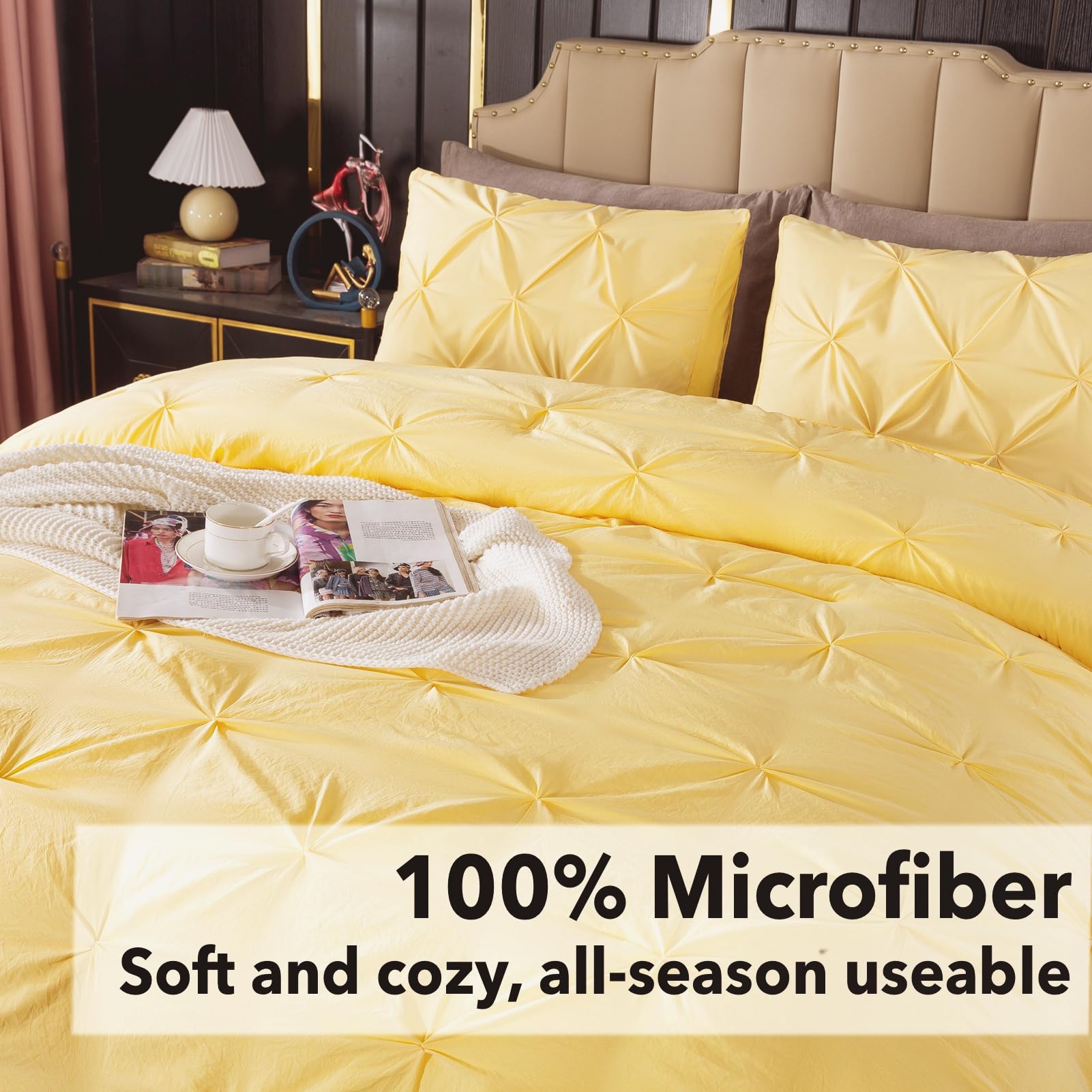 Premium Andency Yellow Pinch Pleat Comforter Set - Queen Size (90x90 Inches) 3-Piece Microfiber All-Season Down Alternative Bedding with Pintuck Design - Includes 1 Comforter & 2 Pillow Shams - Perfect for Master Bedroom, Guest Room & Cozy Home Decor