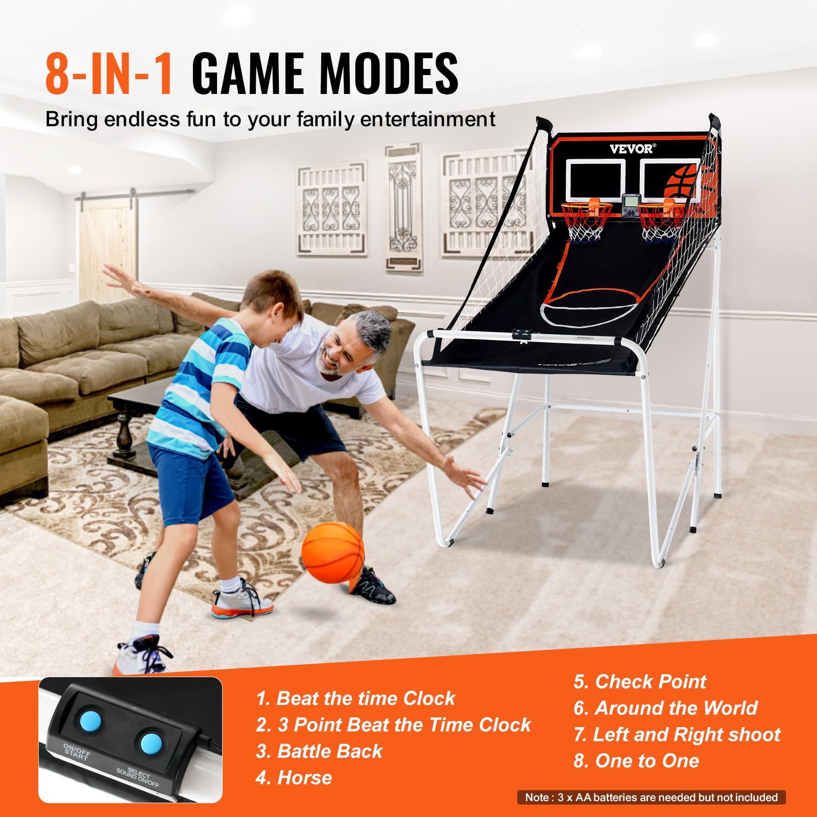 VEVOR 2 Player Indoor Basketball Arcade Game - Home Dual Pop-A-Shot with 8 Game Modes, Electronic Scoreboard & Air Pump - Fun Sports Game for Kids & Adults - Perfect for Family Game Rooms, Basement Entertainment & Birthday Parties