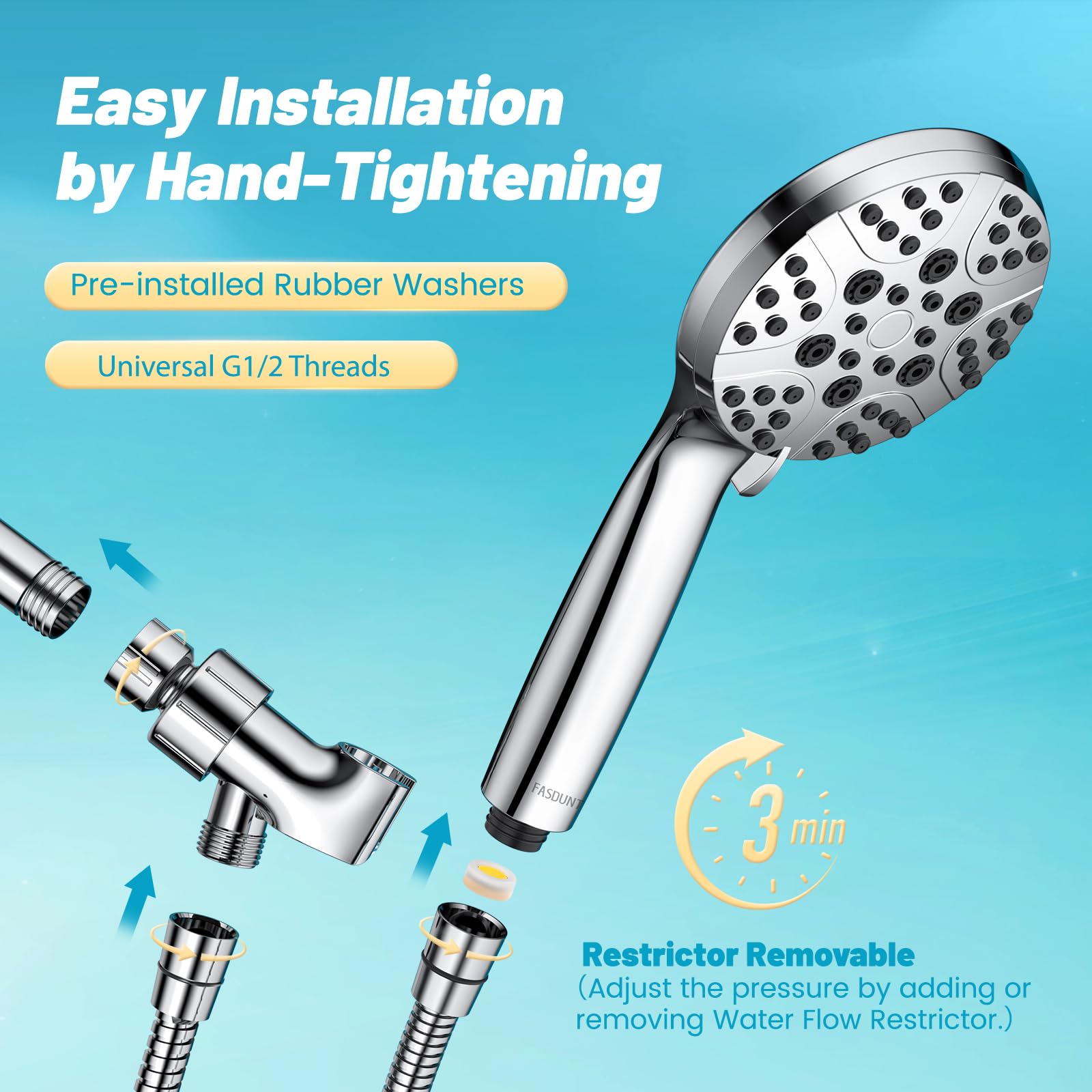 FASDUNT High Pressure Shower Head with 6 Spray Modes - Water Saving Rainfall Showerhead for Bathroom, Spa, and Relaxation - Perfect for Home, Hotel, and Gym Use