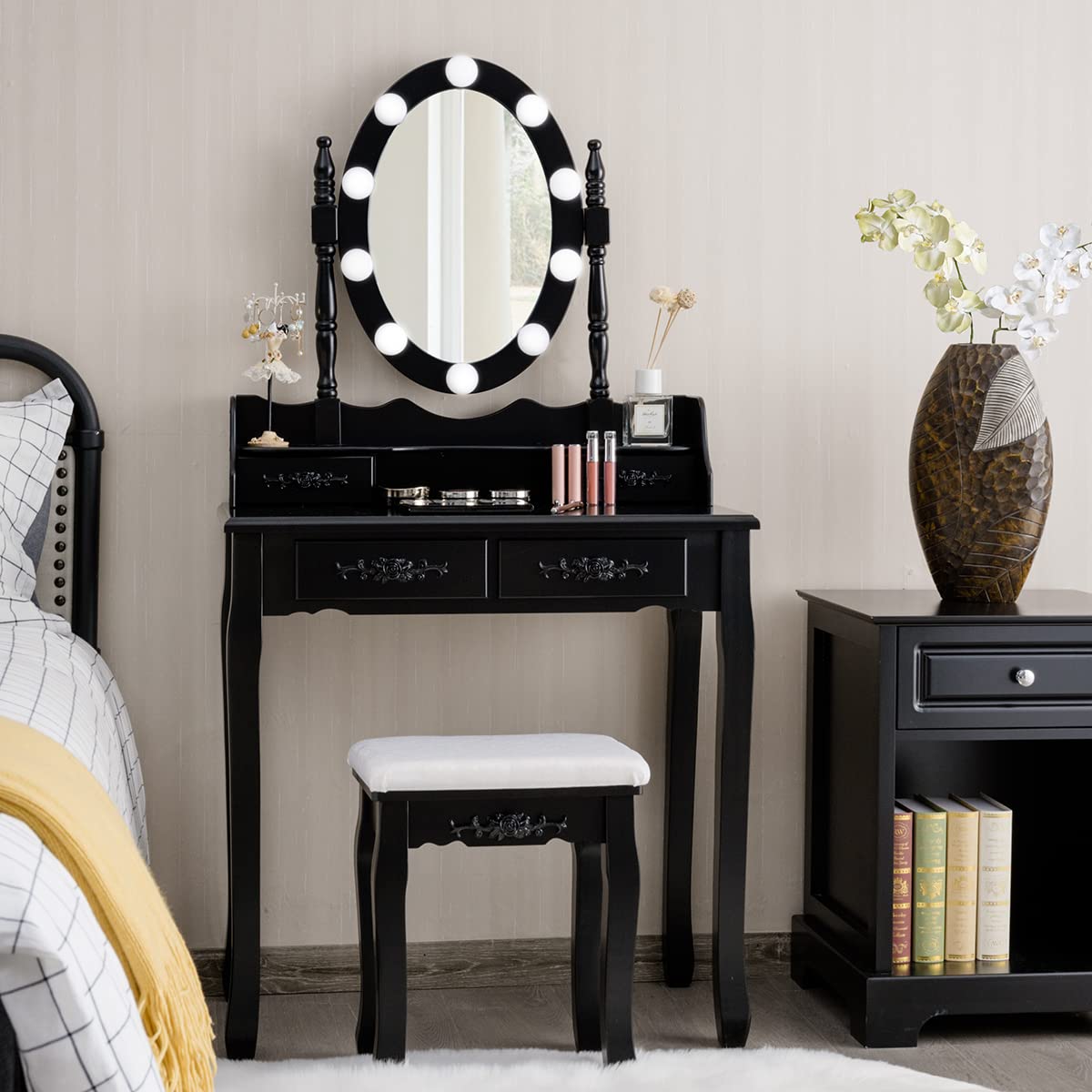 AUGESTER Vanity Table Set with Lighted Oval Mirror - 10 LED Lights, Adjustable Brightness, Cushioned Stool & Touch Switch - Makeup Dressing Desk for Women & Girls (Black) - Perfect for Bedroom, Dorm Room, and Home Beauty Station