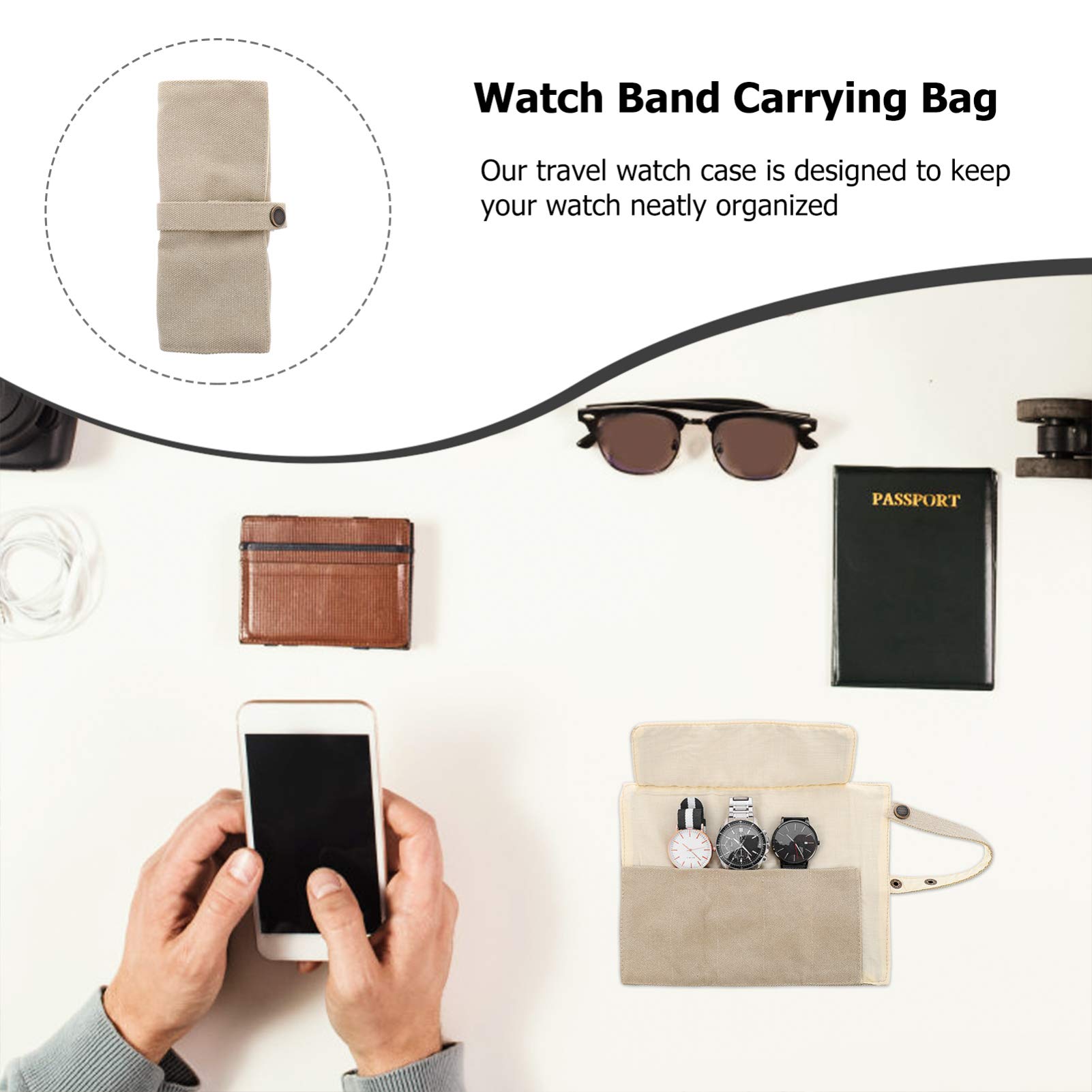 Hemobllo Khaki Canvas Watch Roll Organizer - Travel Watch Case for Men & Women - Compact Storage Pouch for Watches, Jewelry & Commuter Essentials - Perfect for Travel, Business Trips & Daily Use