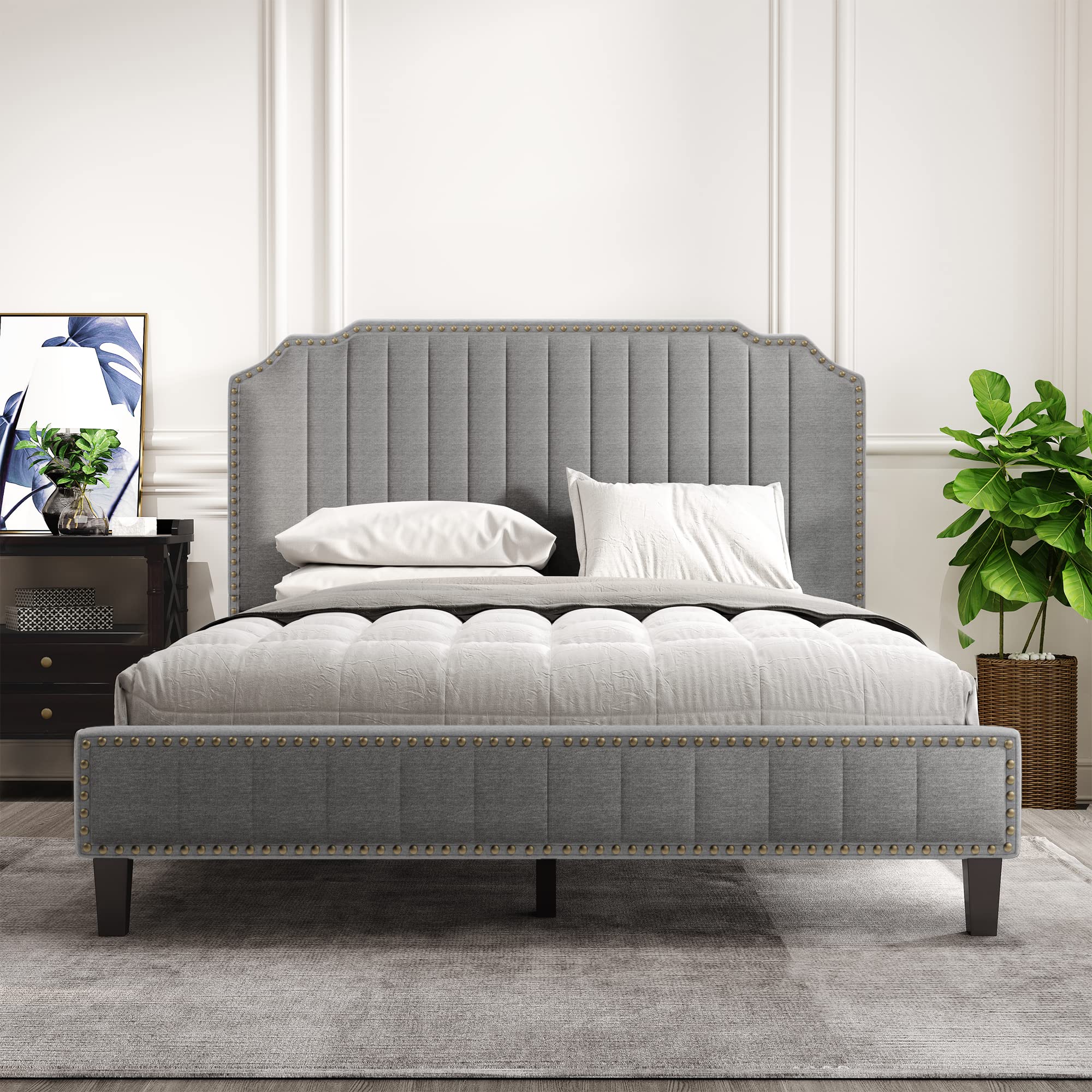 Modern Upholstered Full Size Platform Bed Frame with Solid Wood Structure - Grey Linen Fabric Headboard & Nailhead Trim - Perfect for Master Bedroom, Guest Room & Apartment Sleeping