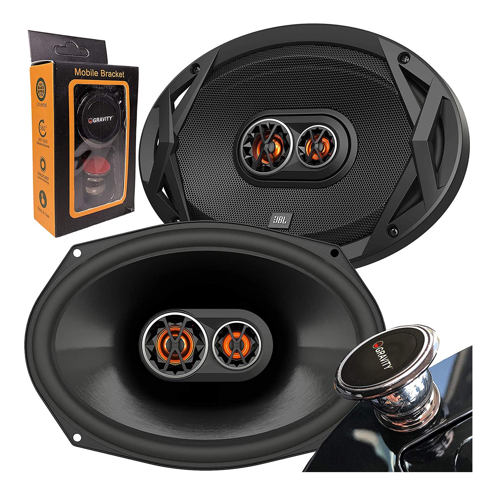 JBL GT7-96E 6x9 Inch 300W (75W RMS) 3-Way Coaxial Car Speakers with Gravity Magnet - Premium Sound for Cars, Trucks & SUVs - Includes Phone Holder Bundle for Hands-Free Driving