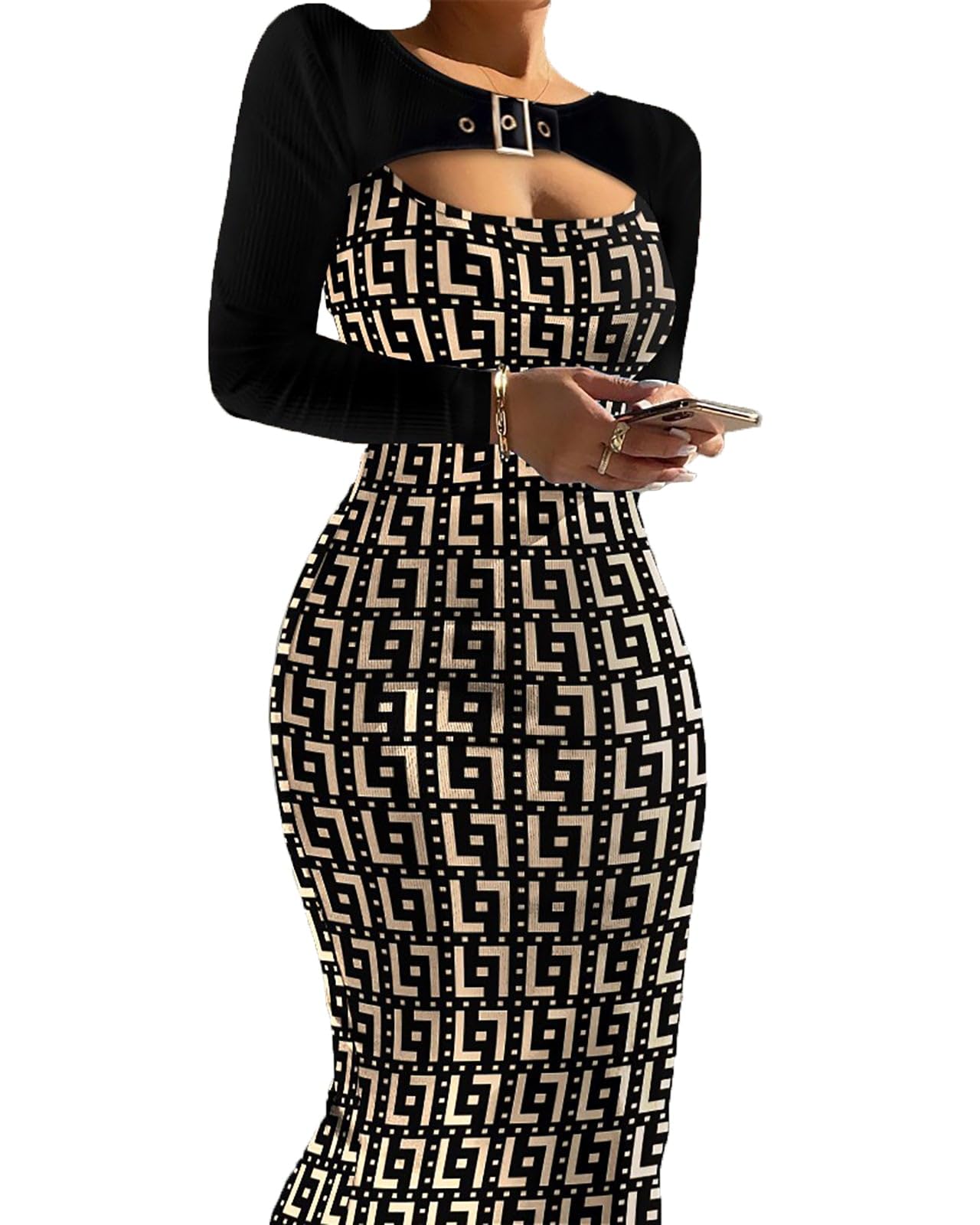 2023 Women's Fall Long Sleeve Bodycon Pencil Dress - Sexy Cutout Tight Maxi Dress for Party, Date Night & Office Wear