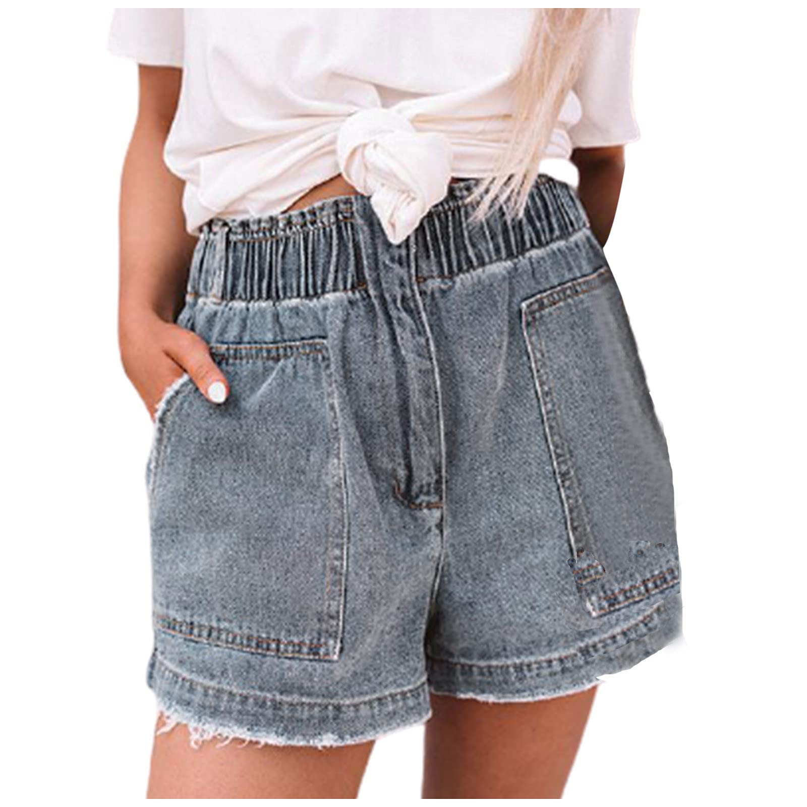 Women's Stretch Denim Shorts - High Elastic Waist, Raw Hem, Distressed Style - Comfortable Summer Casual & Lounge Wear for Beach, Travel, and Everyday Outfits