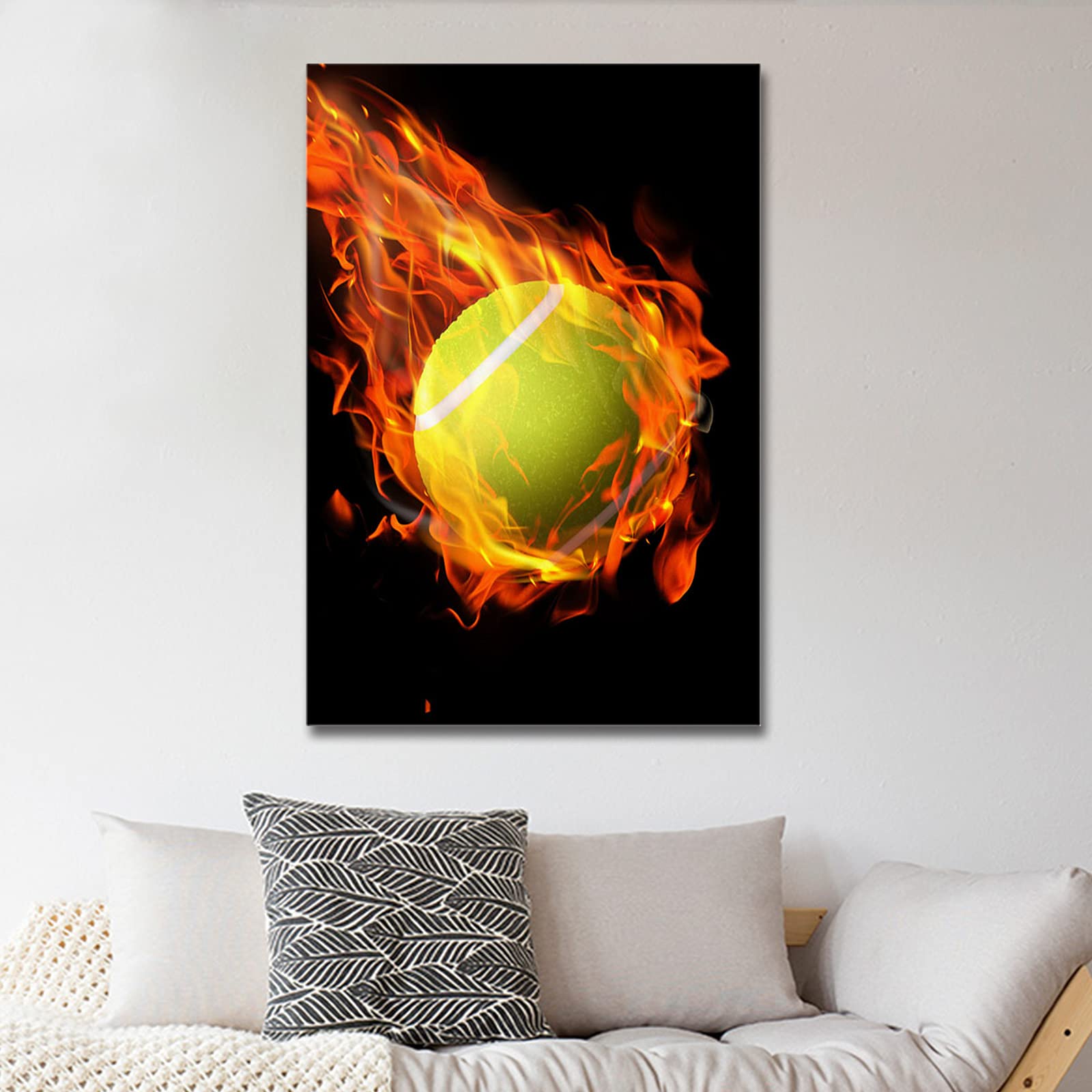 Premium Sports Wall Art Canvas Print - 24x36 Inch Tennis Ball with Fire Flame Design - Ready to Hang Framed Decor for Living Room, Bedroom & Office - Perfect for Home Gym, Man Cave & Sports Fan Gifts