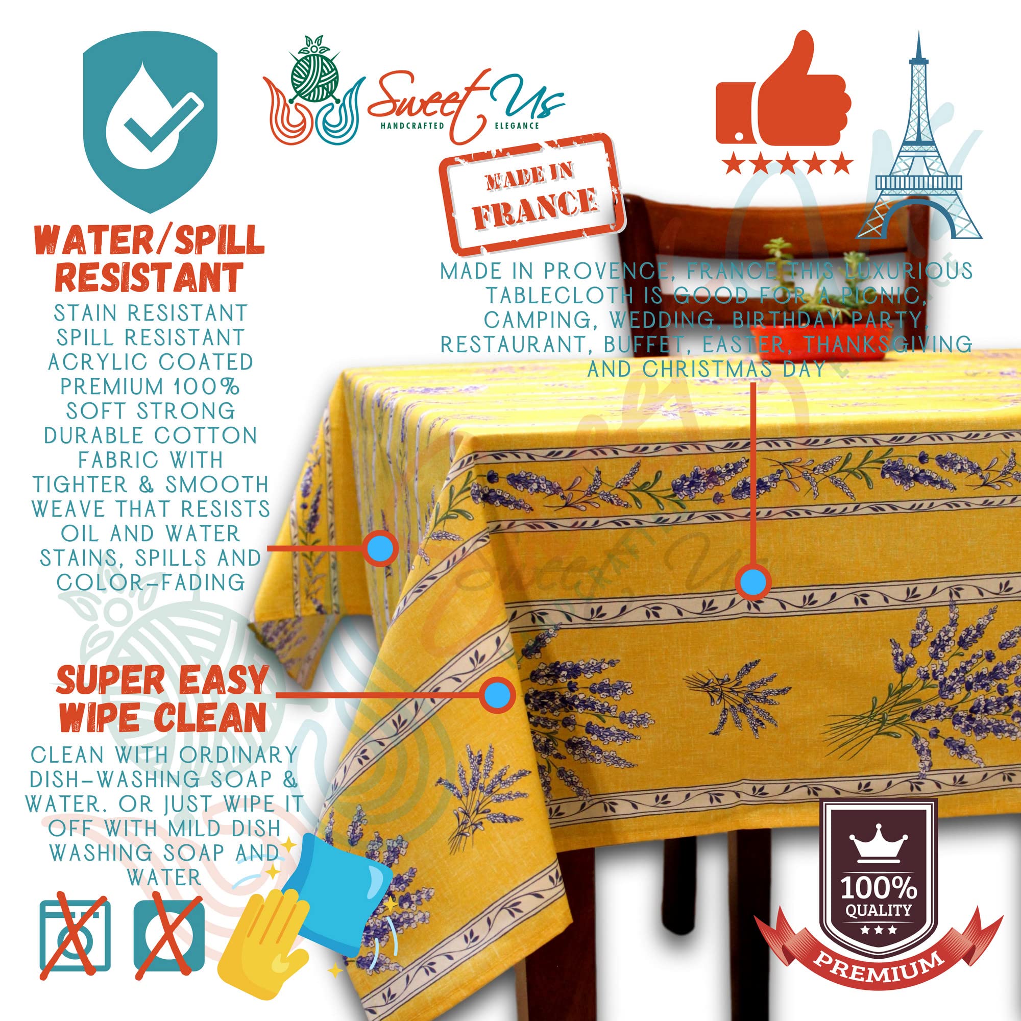 Royal Lavender Wipeable Spill-Resistant Acrylic Coated Tablecloth – Floral Cotton French Provencal Design for Rectangle Tables (60