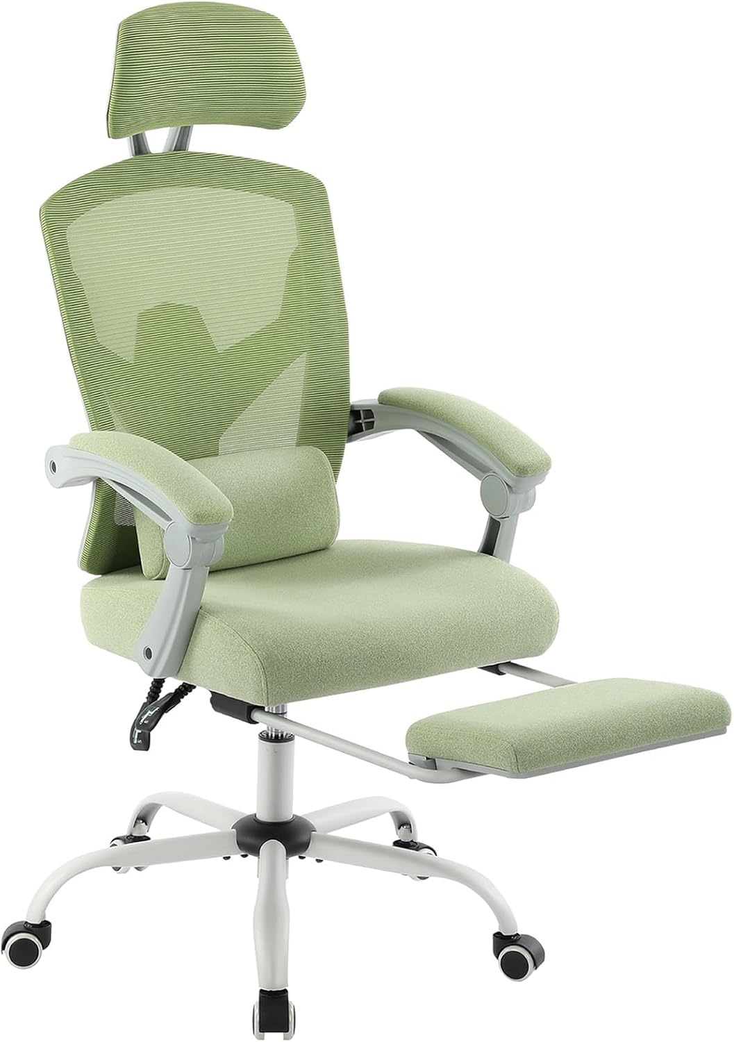 DUMOS Ergonomic High-Back Mesh Office Chair with Adjustable Footrest - Rolling Swivel Reclining Desk Chair with Wheels, Headrest & Lumbar Support - Comfortable for Home Office, Gaming, Studying - Green