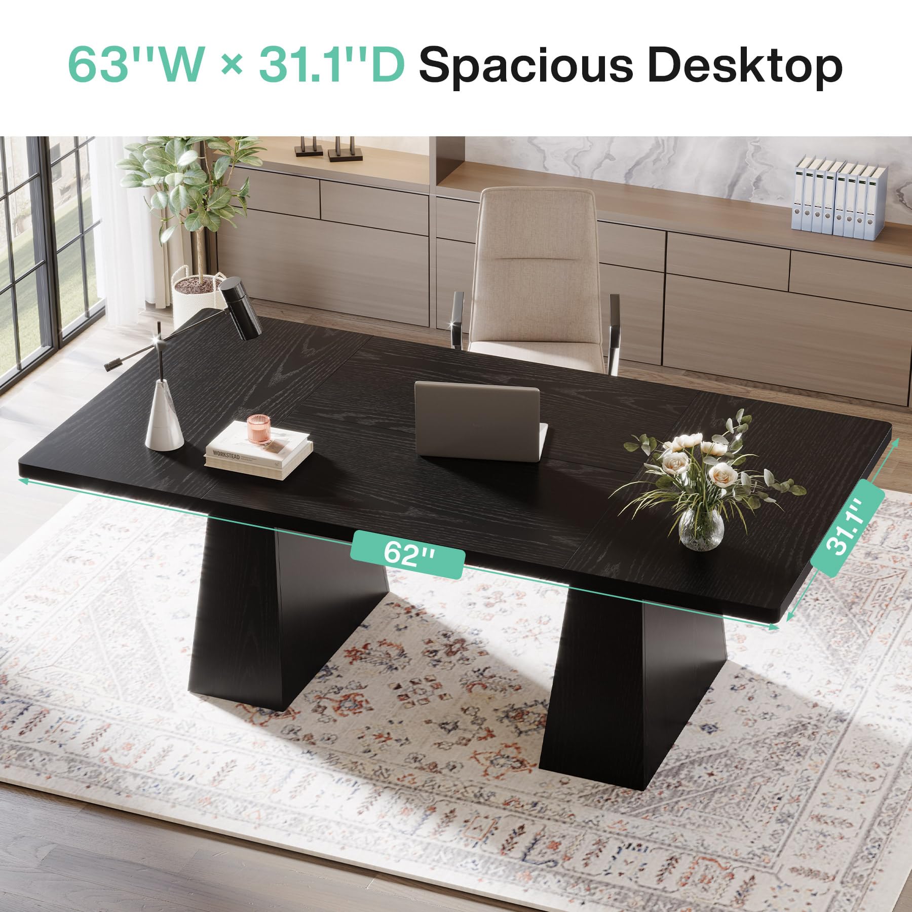 Tribesigns 63-Inch Executive Office Desk with Double Pedestal - Modern Large Computer Desk, Home Office Workstation & Conference Table - Black (Perfect for Remote Work, Business Meetings & Study Spaces)