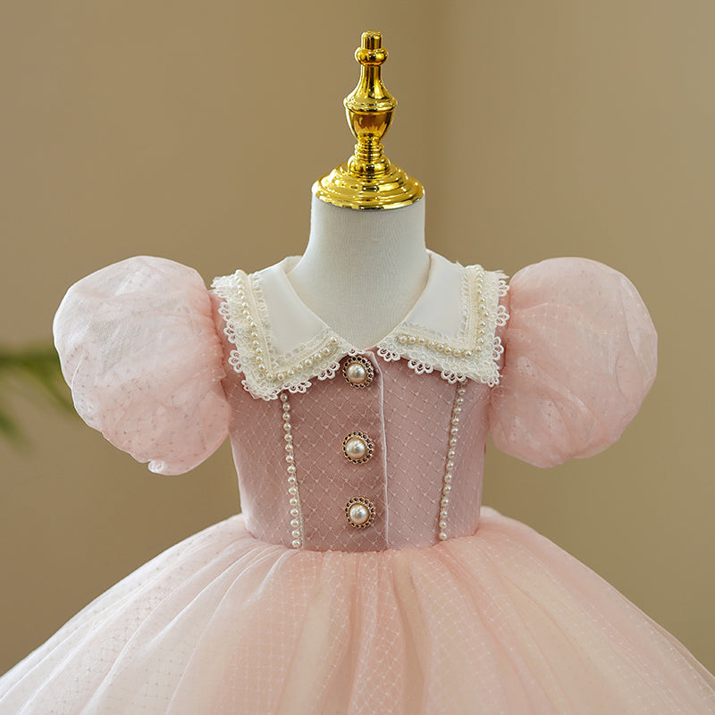 Pink Satin Organza Princess Flower Girl Dress with Lace Collar - Perfect for Weddings, Birthday Parties & Special Occasions