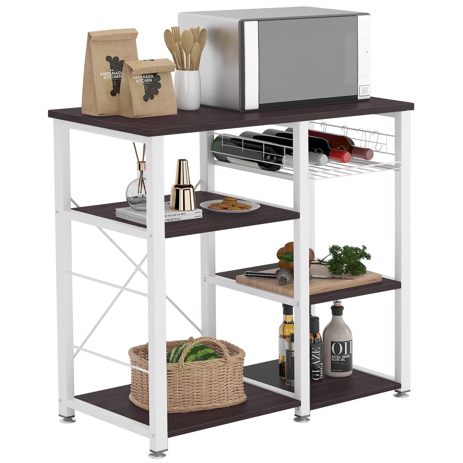 SogesHome 4-Tier Microwave Stand Shelf - Sturdy Kitchen Storage Organizer with Coffee & Snack Storage - Space-Saving Solution for Home, Kitchen, Living Room - Walnut Black Finish - Perfect for Small Apartments & Countertop Organization