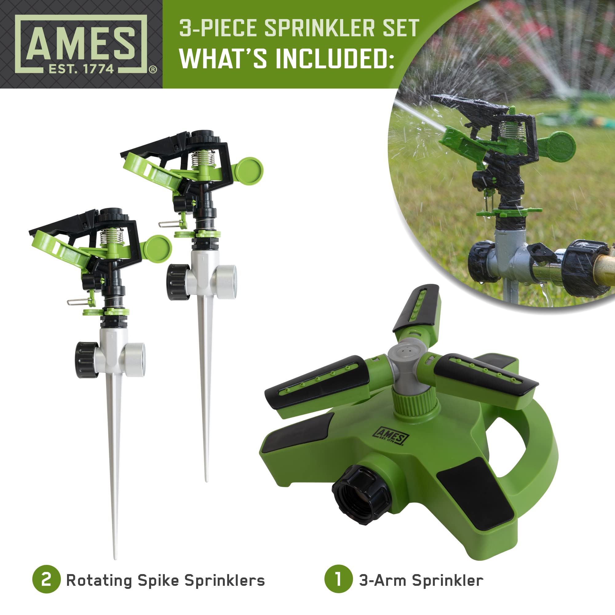 AMES 3-Piece Sprinkler Set with 2 Pulsating Spike & 1 3-Arm Rotating Sprinkler - 360° Adjustable Lawn Watering System for Garden, Yard | Easy Hose Connection | Perfect for Grass, Flower Beds & Landscaping